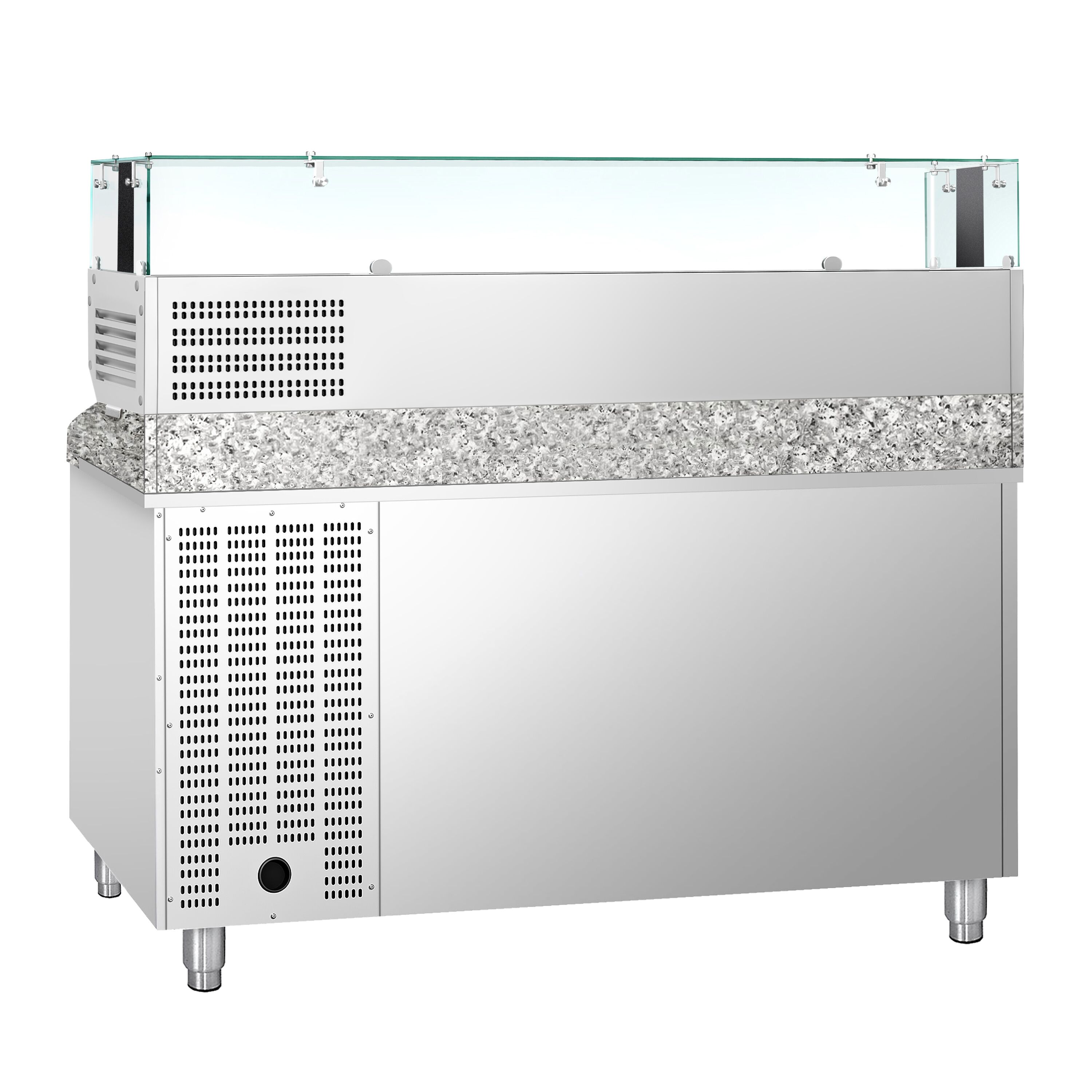 Table réfrigérée pour pizza PREMIUM - 1500 x 800 mm - avec 1 porte & 7 tiroirs - incl. vitrine réfrigérée avec LED - 5 x GN 1/3 + 1 x GN 1/2