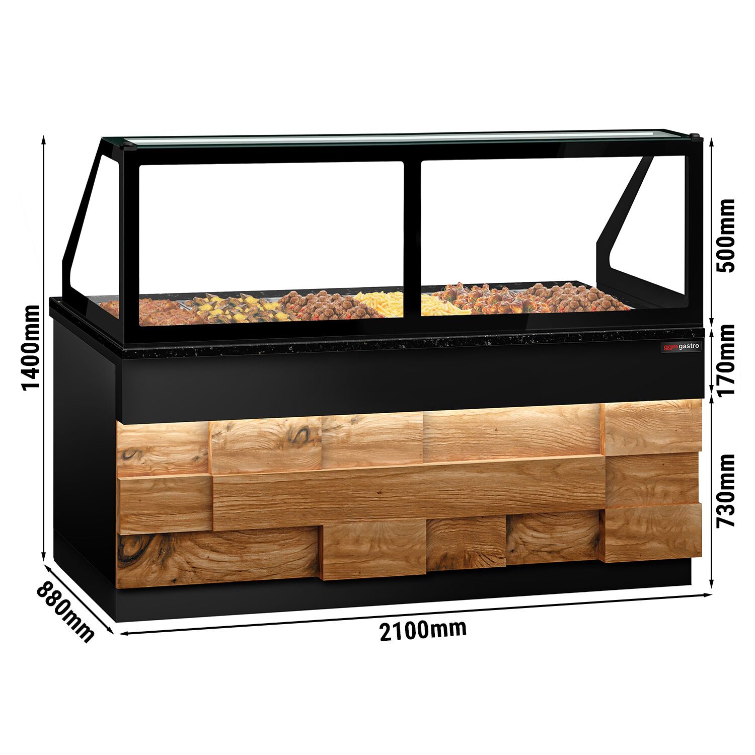 Vitrine chauffante TORONTO – 2100 mm – façade en bois – pour 6 × GN 1/1 – plan de travail en granit noir
