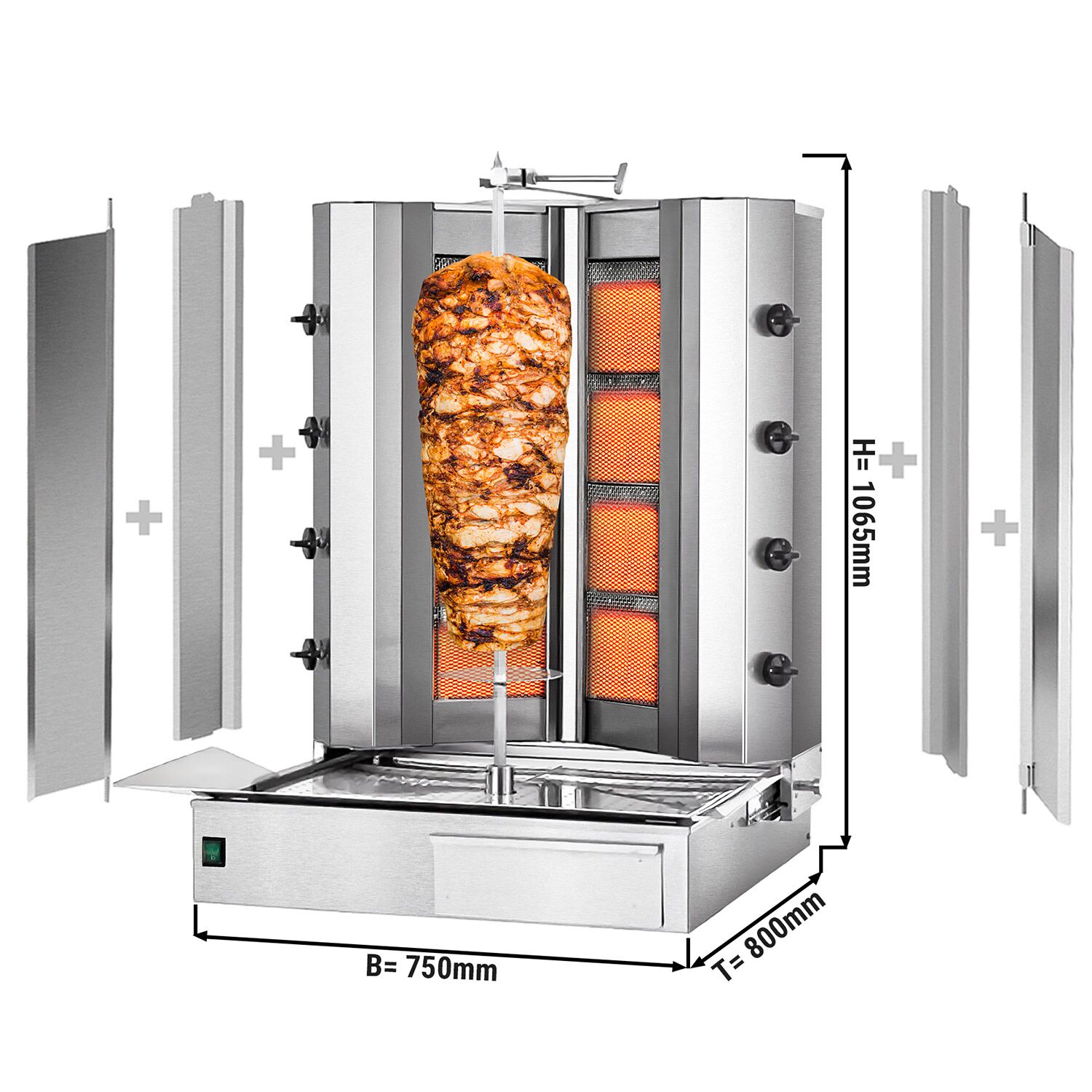 Gas Doner Kebab Grill (Shawarma/Gyros) - 8 Burner - up to 100kg - 32.5kW - incl. 2 splash guards & 2 double doors