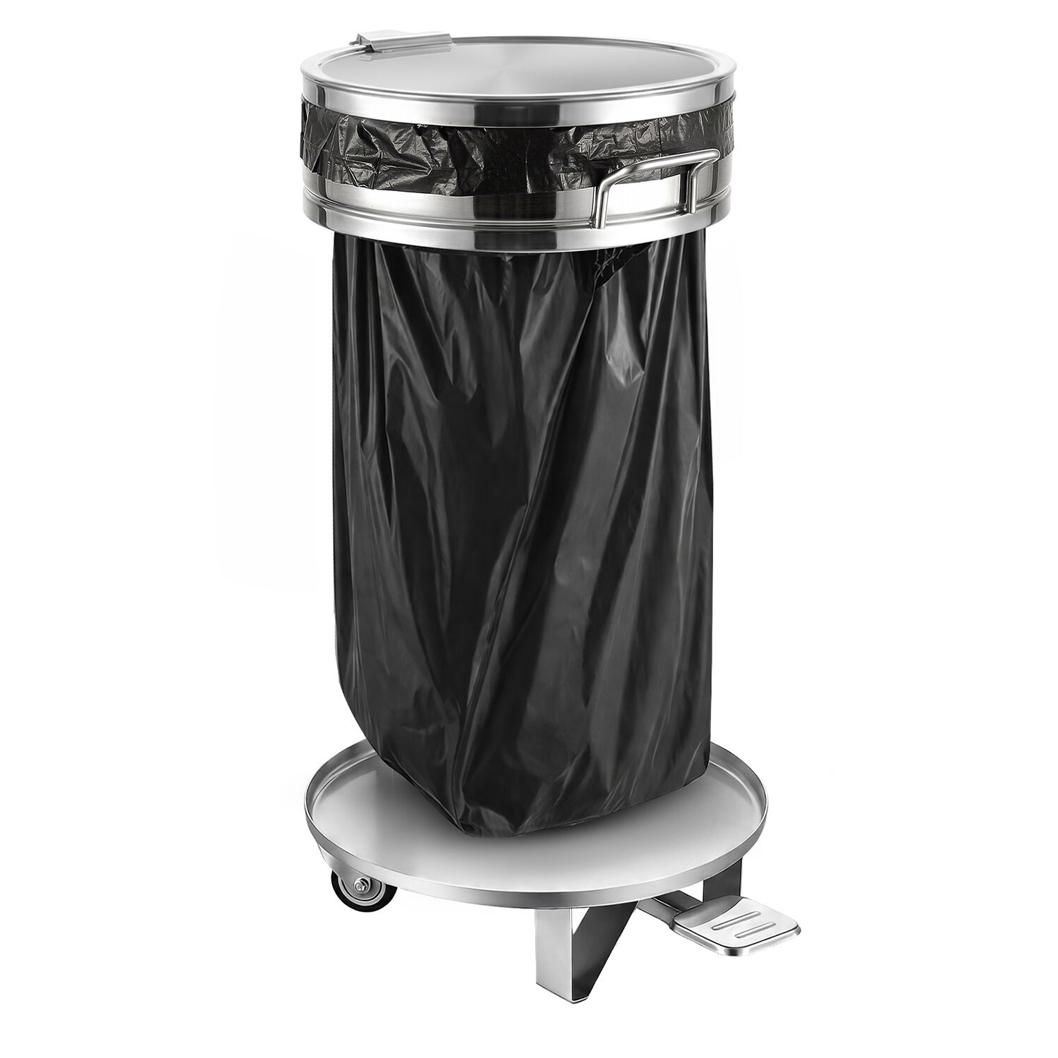 Support pour sac poubelle [PREMIUM] - 80L - Ø390x840mm - avec pédale, roulettes, support de sac - fermeture silencieuse, incluant anneau de serrage - Acier inoxydable