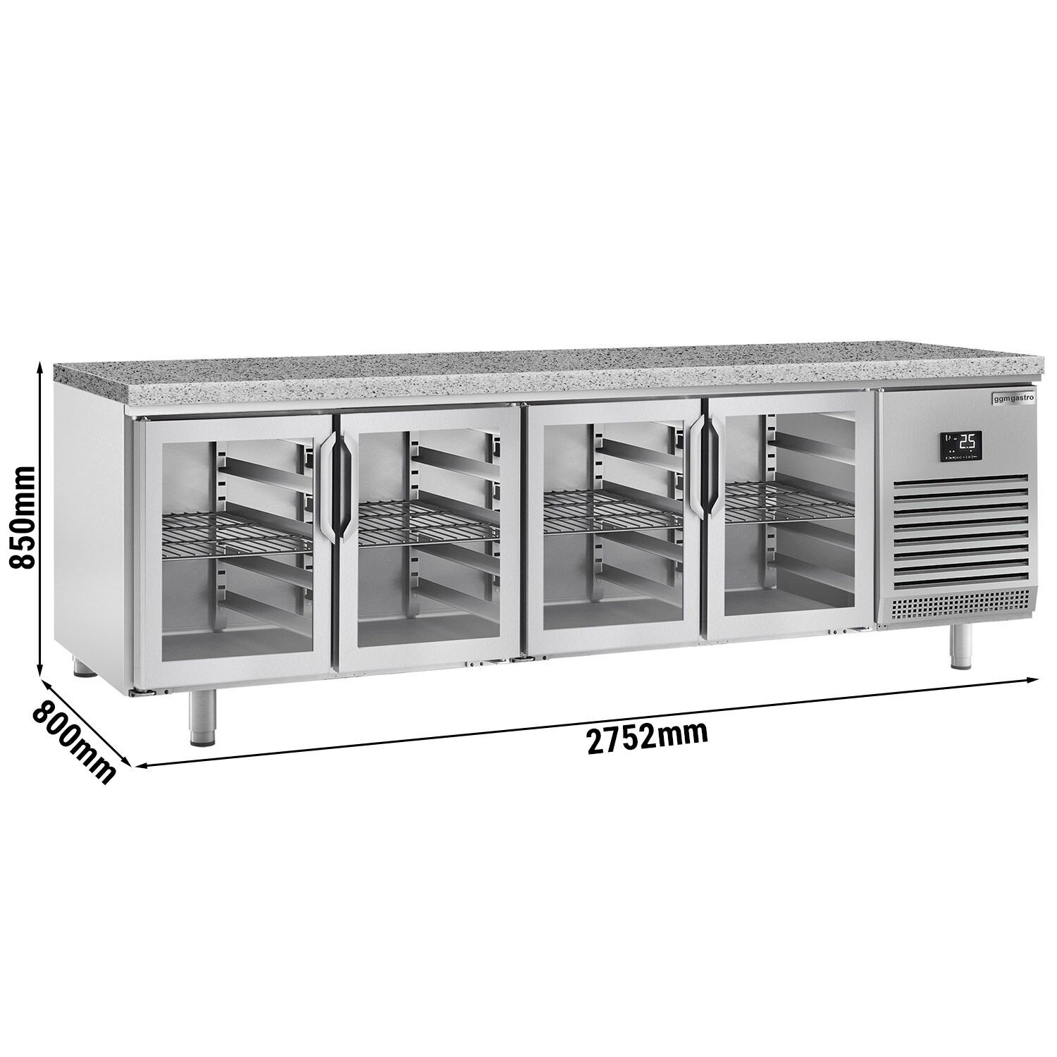 Table réfrigérée de boulangerie PREMIUM PLUS - 2752x800 mm - 4 portes vitrées & plan de travail en granit