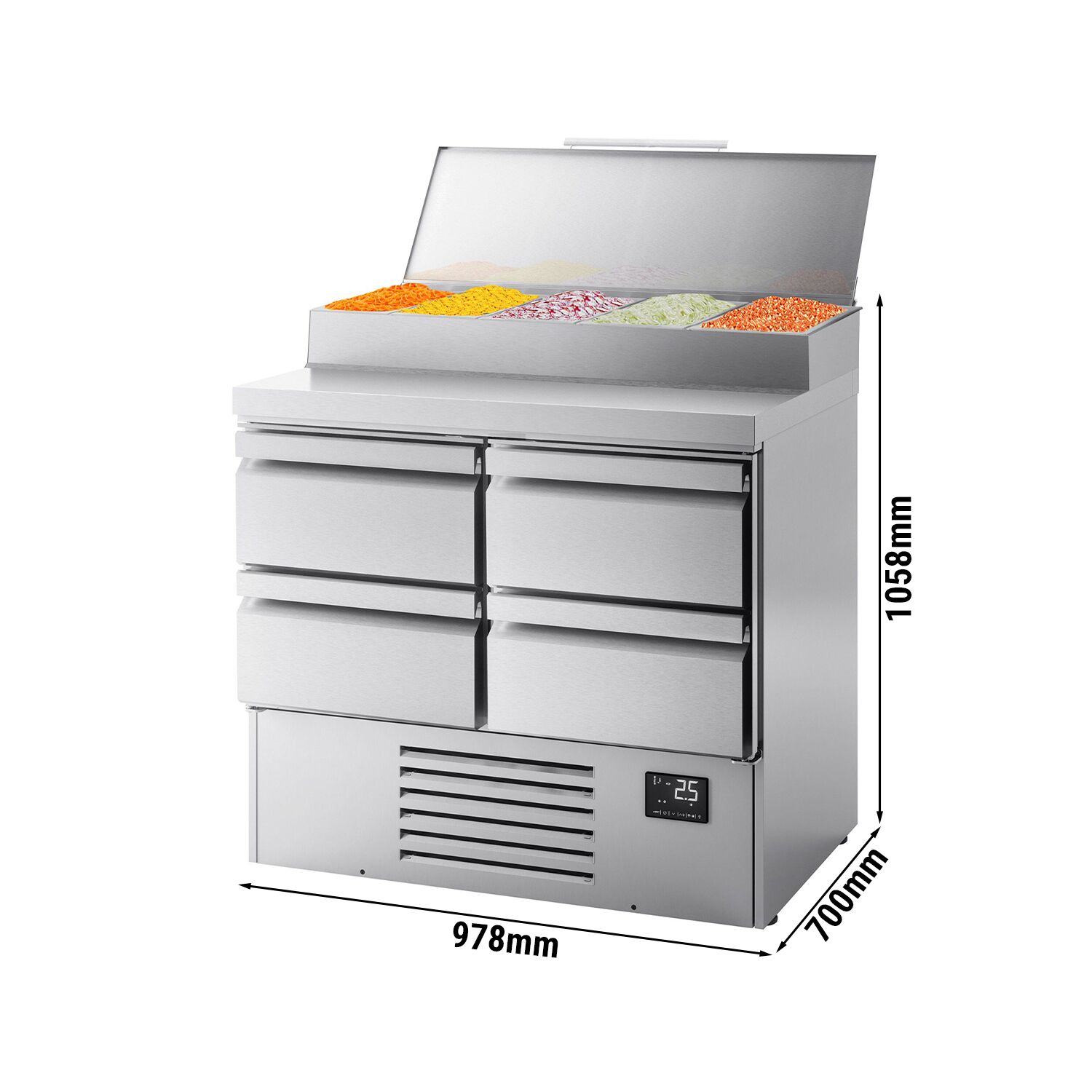 Table réfrigérée de préparation Mini - 978 x 700 mm - avec 4 tiroirs - avec superstructure en inox 5 x GN 1/4