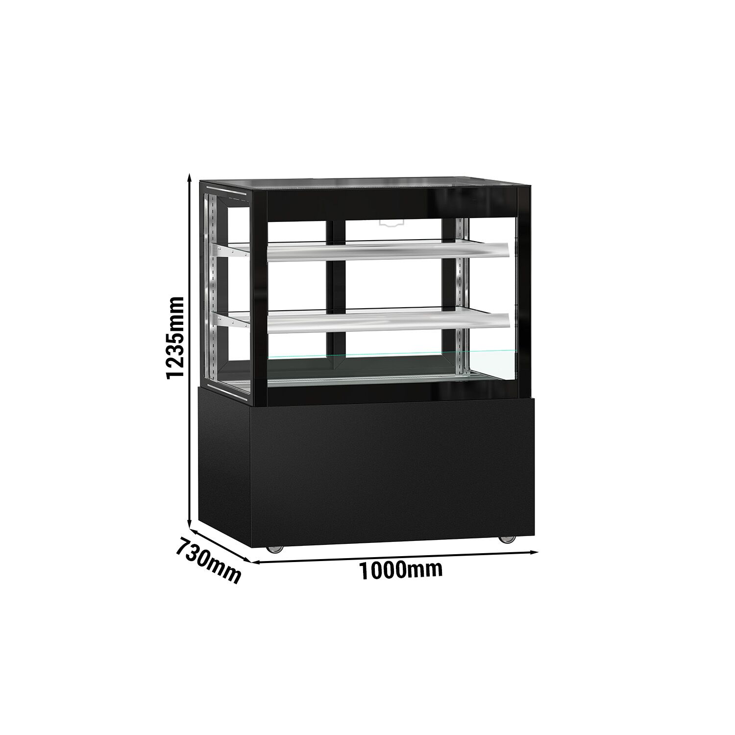 Vitrine à pâtisserie réfrigérée MADRID Self-Service - 435L - 1000mm - Double vitrage - avec 2 étagères en verre - portes coulissantes vitrées arrière - avec rideau de nuit - pour pâtisseries - Pour FR - Noir mat