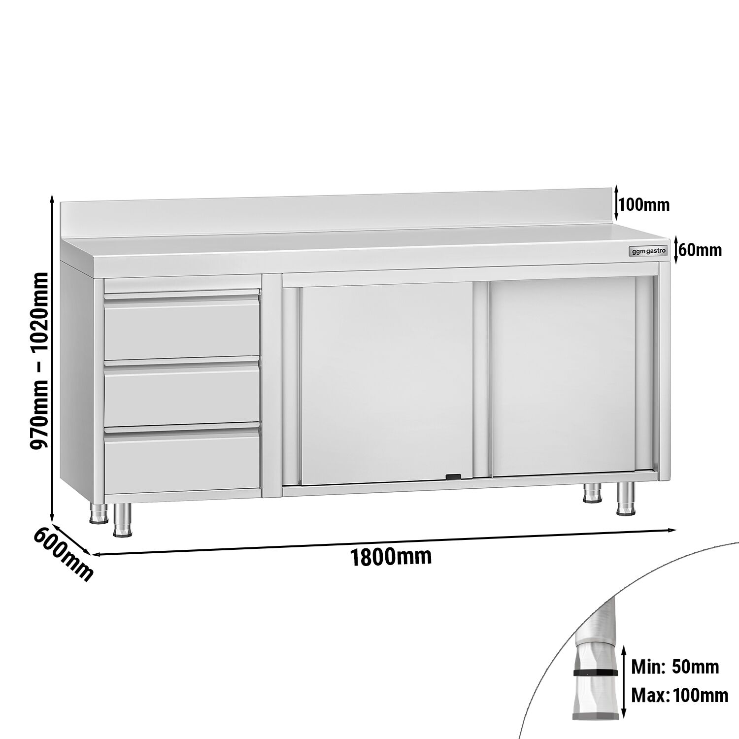 Table armoire en acier inoxydable ECO - 1800x600mm - avec portes coulissantes et 3 tiroirs à gauche - avec dosseret