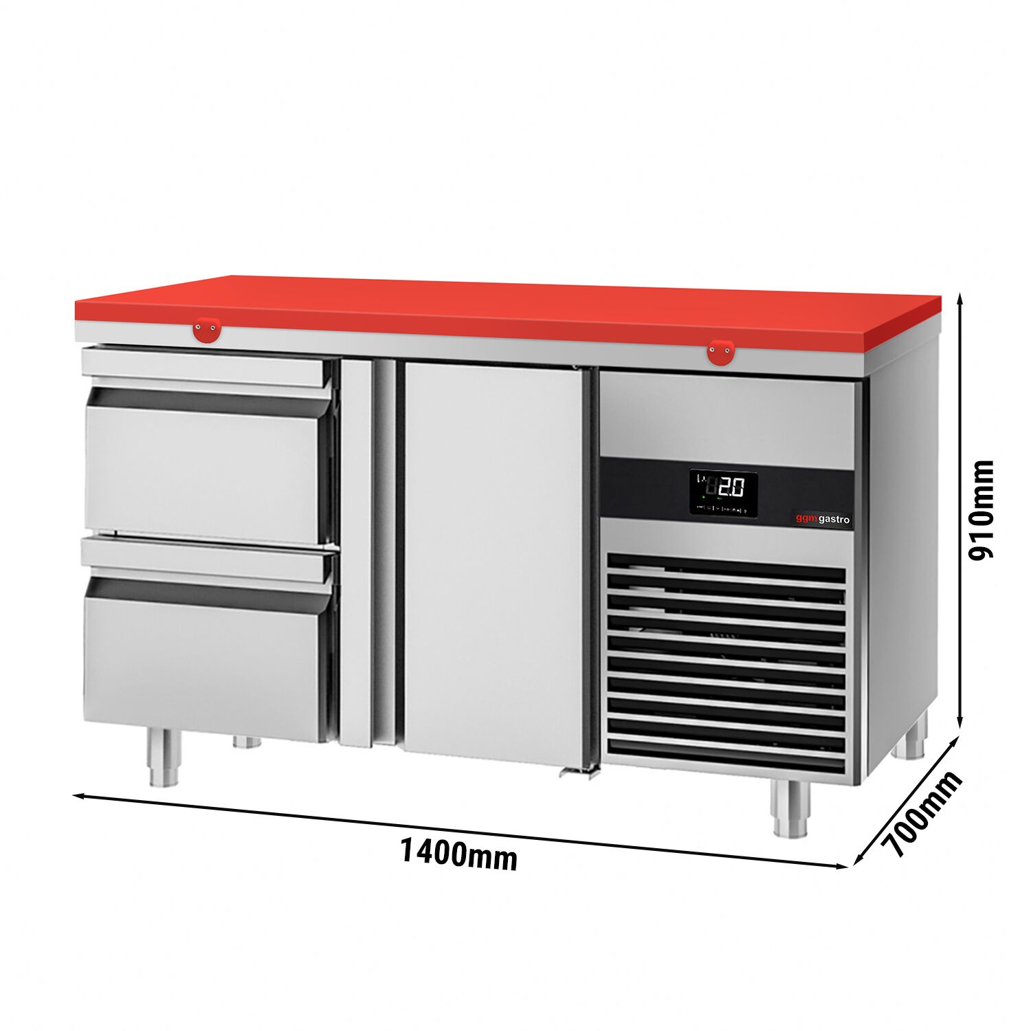 Table réfrigérée PREMIUM - 1400x700 mm - avec 1 porte - 2 tiroirs - incl. planche à découper rouge