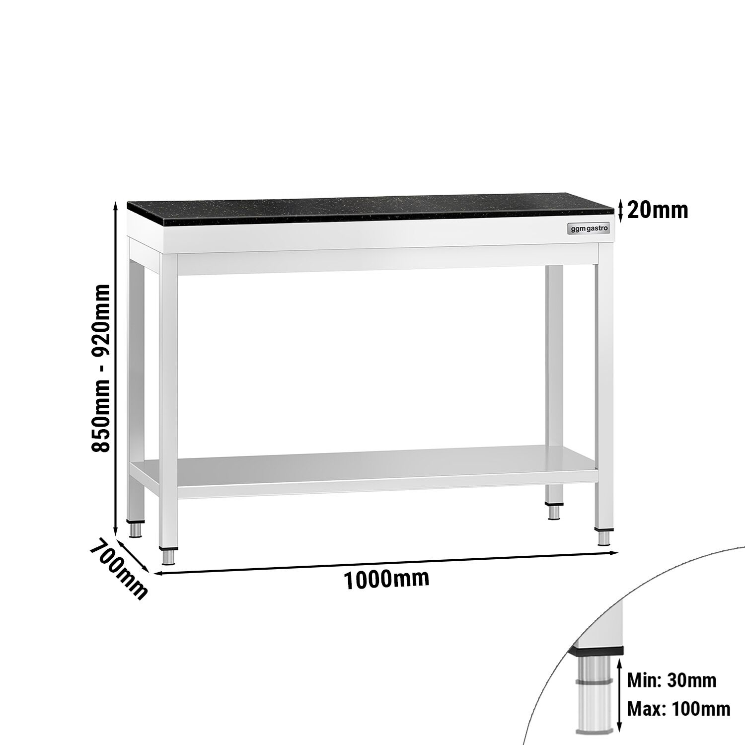 Table de travail inox PREMIUM - 1000 x 700 mm - avec tablette inférieure - incl. Plan de travail en Granit