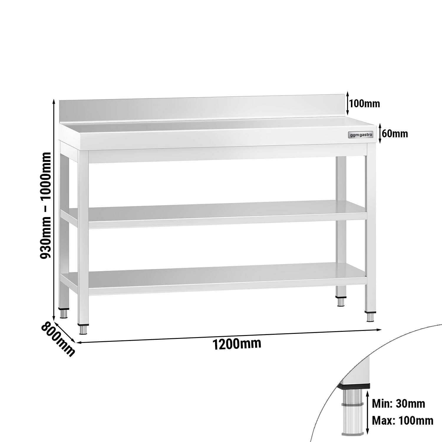 Table de travail inox PREMIUM - 1200 x 800 mm - avec tablette inférieure, Dosseret & Tablette intermédiaire