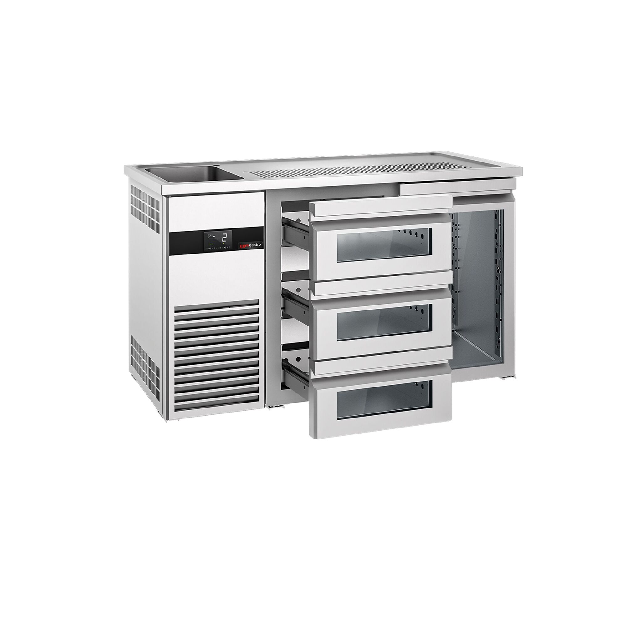 Comptoir de bar réfrigéré PREMIUM - 1550x700mm - 1 porte vitrée & 3 tiroirs en verre
