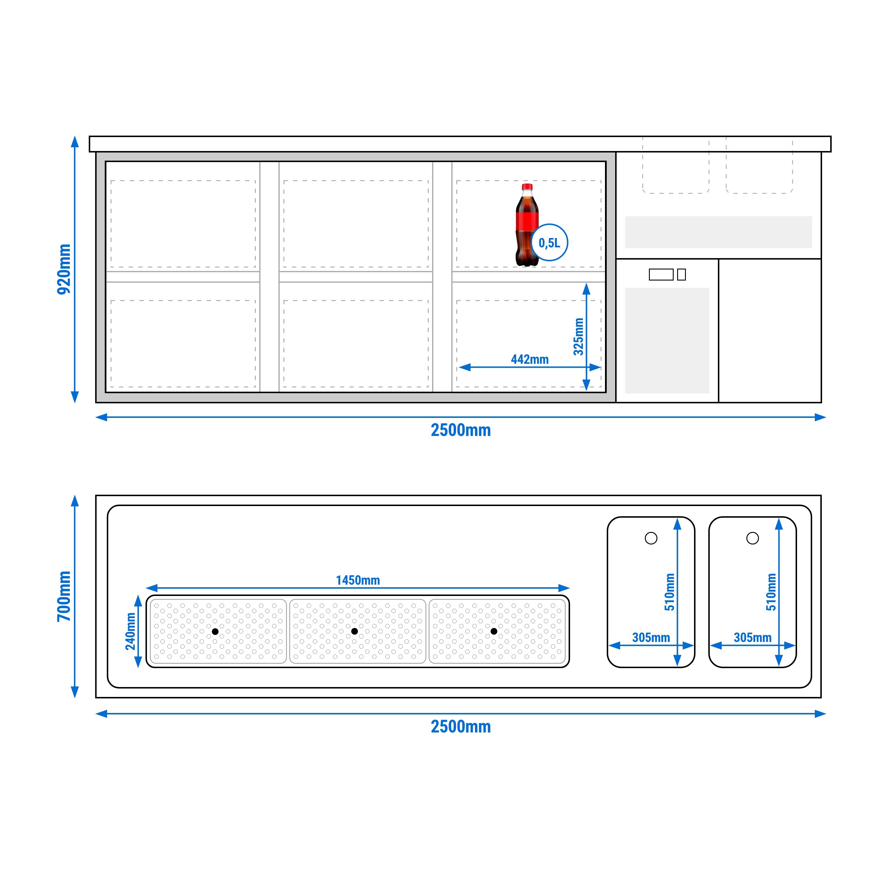 Comptoir de bar réfrigéré Premium PLUS - 2500x700mm - 6 tiroirs