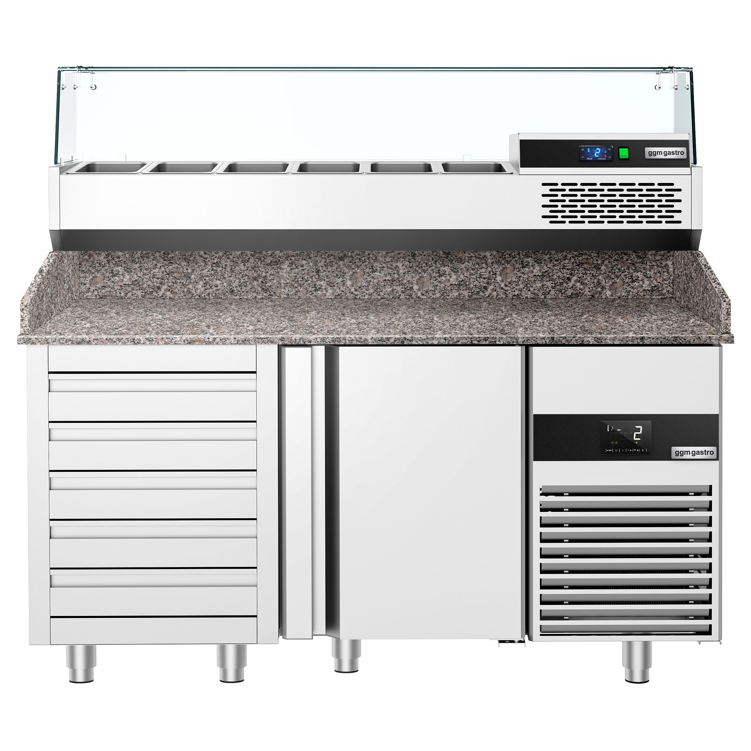 Table réfrigérée à pizza PREMIUM - 1550x800 mm - avec 1 porte & 5 tiroirs - incl. vitrine réfrigérée - 6x GN 1/3