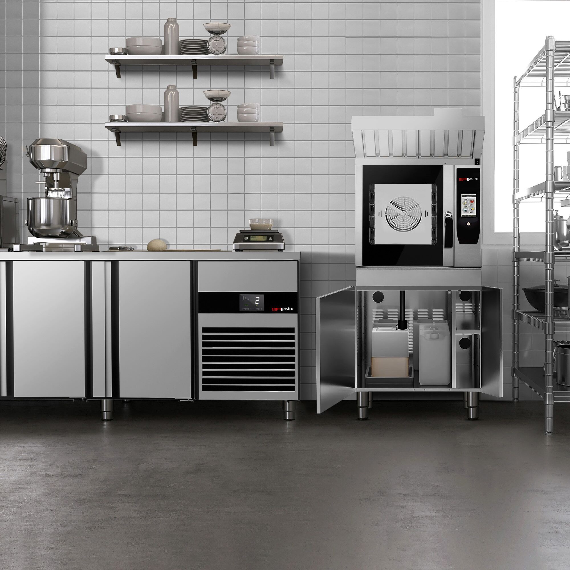 El- Kombiugn - Touch - 7'' pekskärm - 4x GN 1/1 - inkl. Hähnchengrill, Fettuppsamlingssystem, Underskåp, Automatiskt rengöringssystem & Kärntemperaturnål