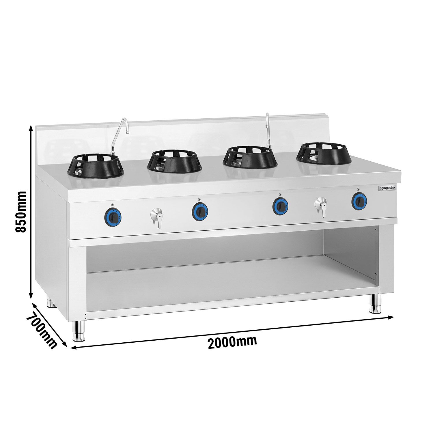 Gas woktafel - 56 kW - 4 branders - incl. 2 kranen