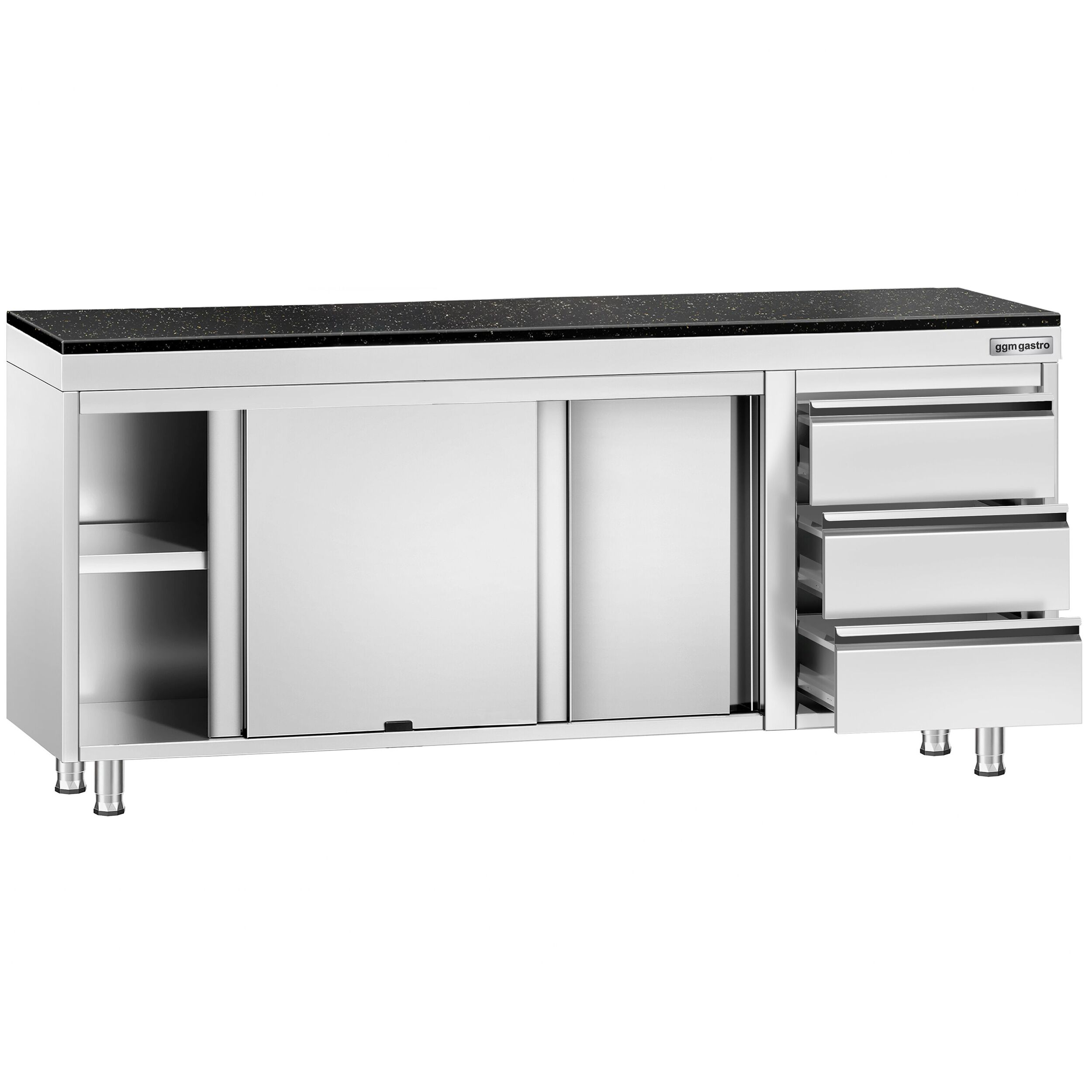 Roestvrijstalen werkkast PREMIUM - 2000 x 600 mm - met 3 lades rechts - incl. granieten werkblad