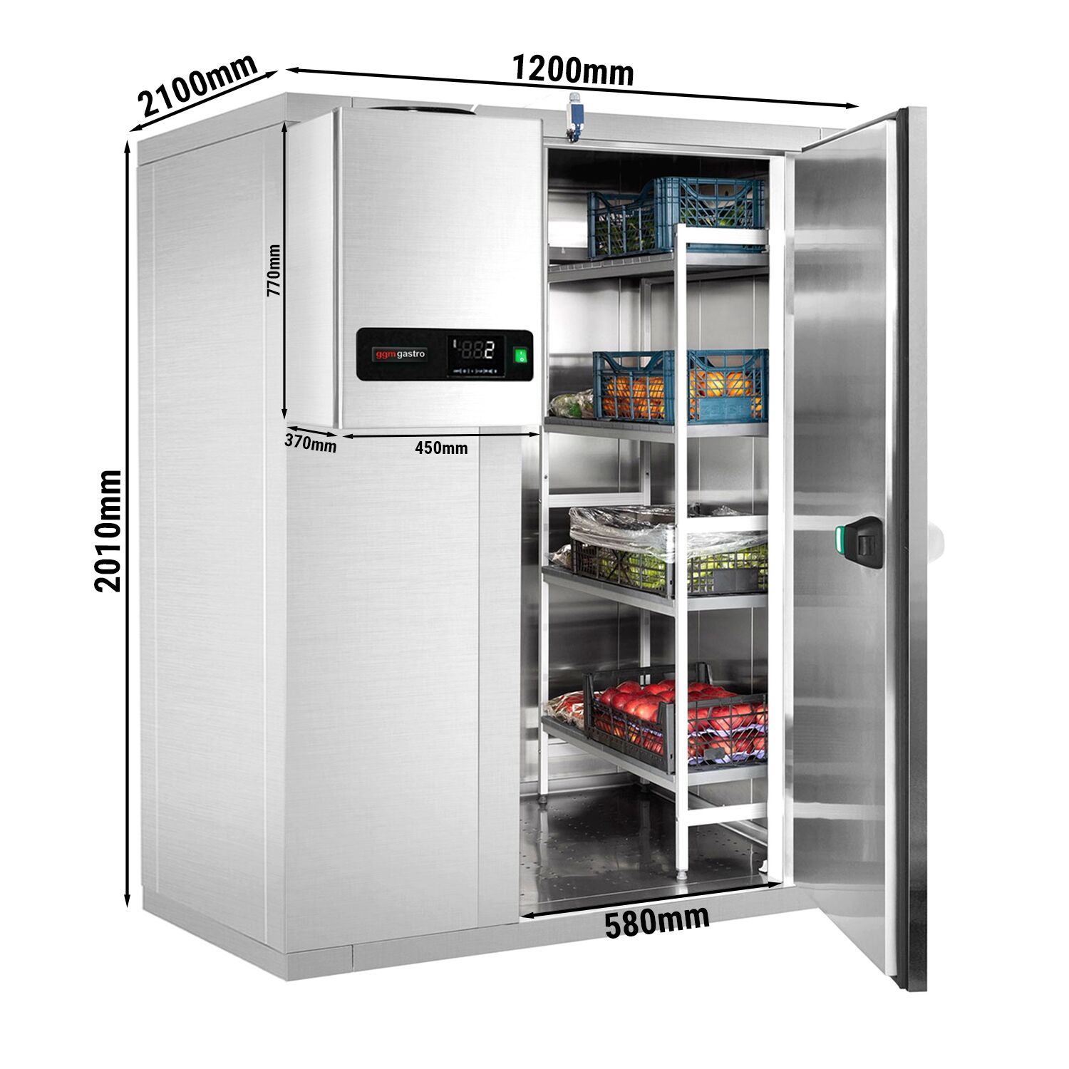 Chambre froide en inox - 1200 x 2100 mm - 3,7 m³ - groupe frigorifique inclus