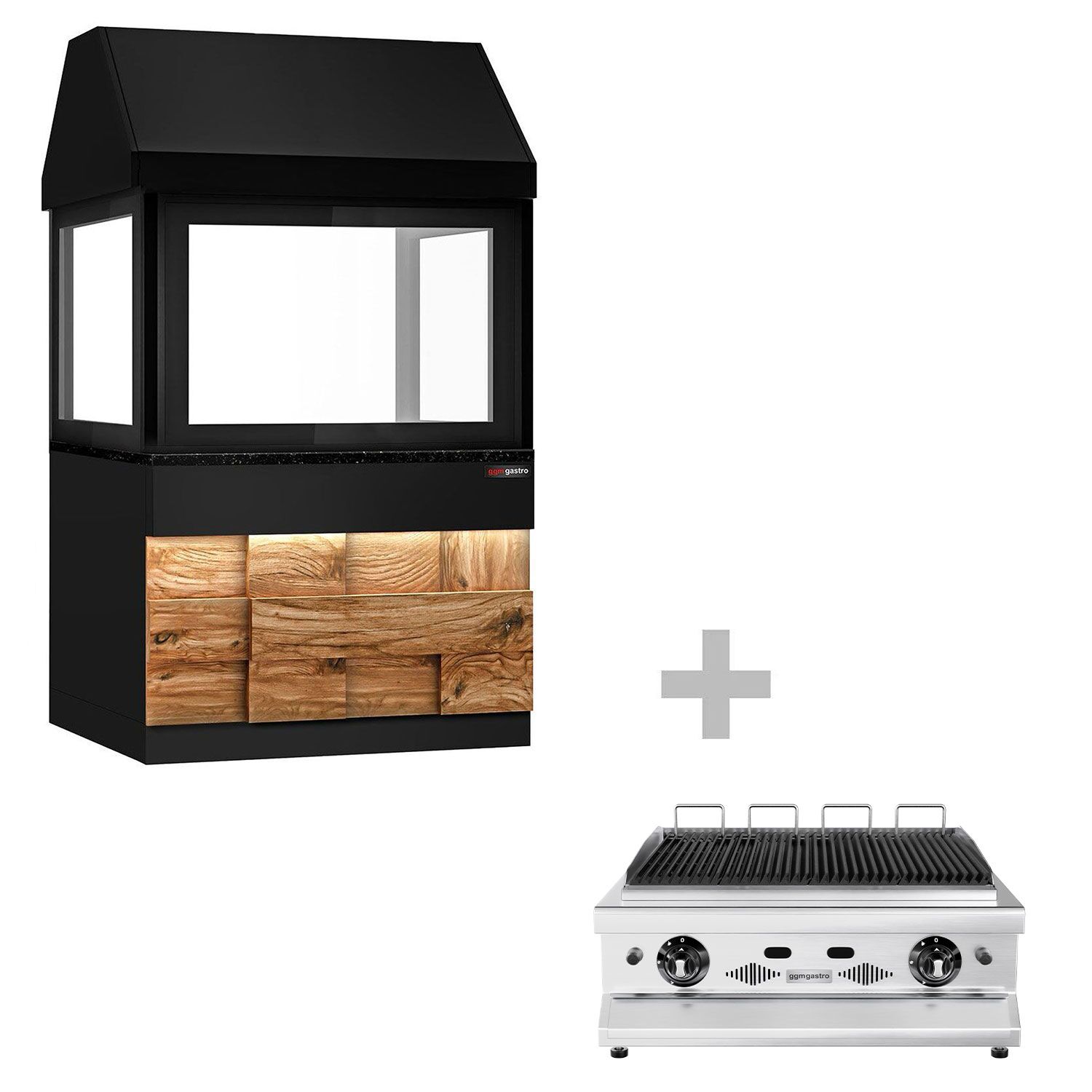 Grill à gaz TORONTO - 1100 mm - Façade en bois - plan de travail en granit noir - verre de protection thermique