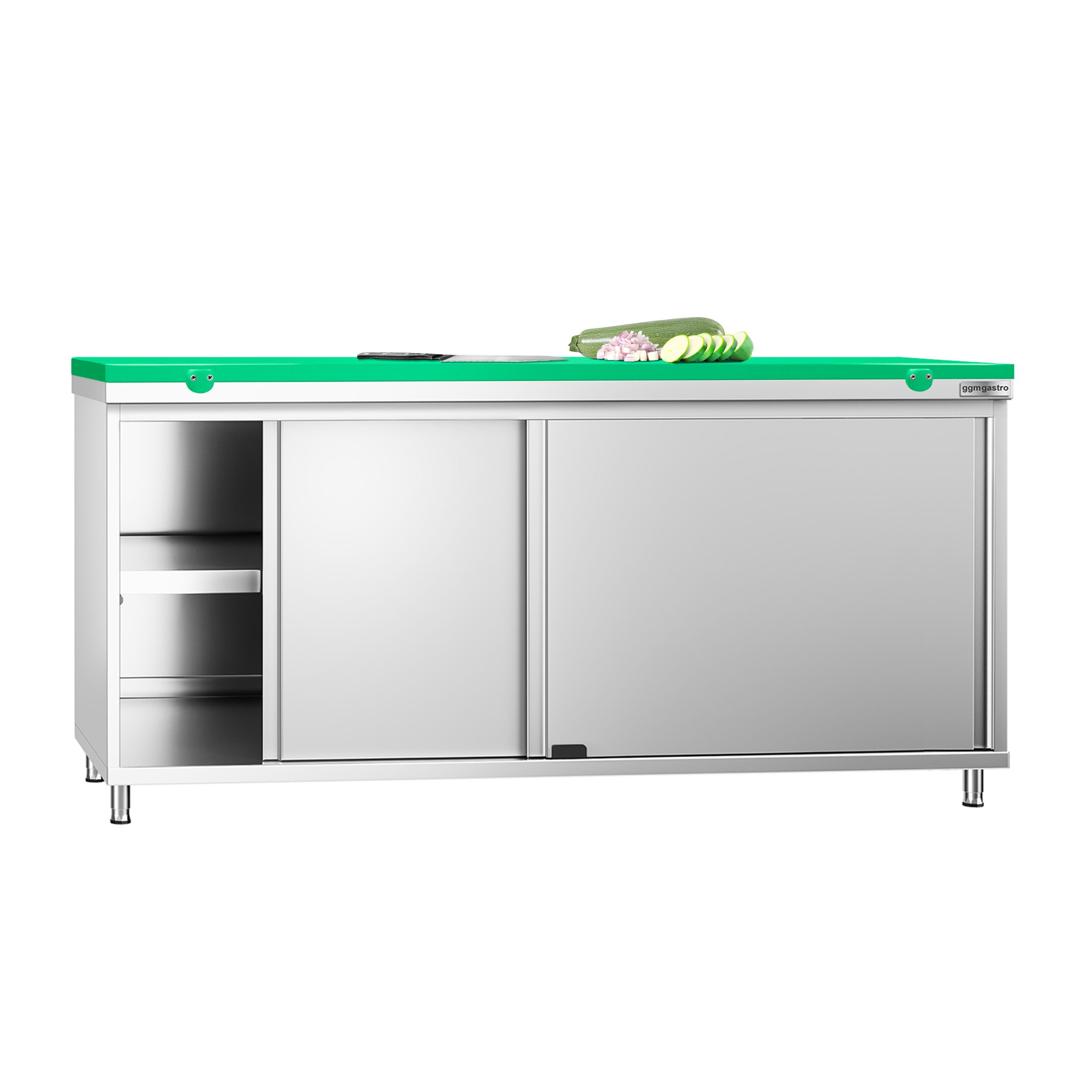 Table armoire en acier inoxydable PREMIUM - 1800x600mm - avec portes coulissantes - pour fruits et légumes - incl. plateau de découpe Vert PEHD (HACCP)