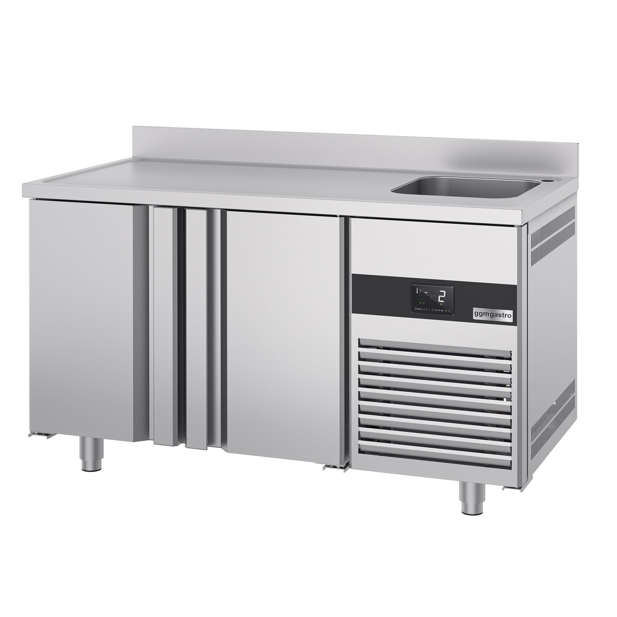Commercial Counter Fridge PREMIUM - 1430x700mm - with 2 doors - sink right - with upstand - capacity 270 litres
