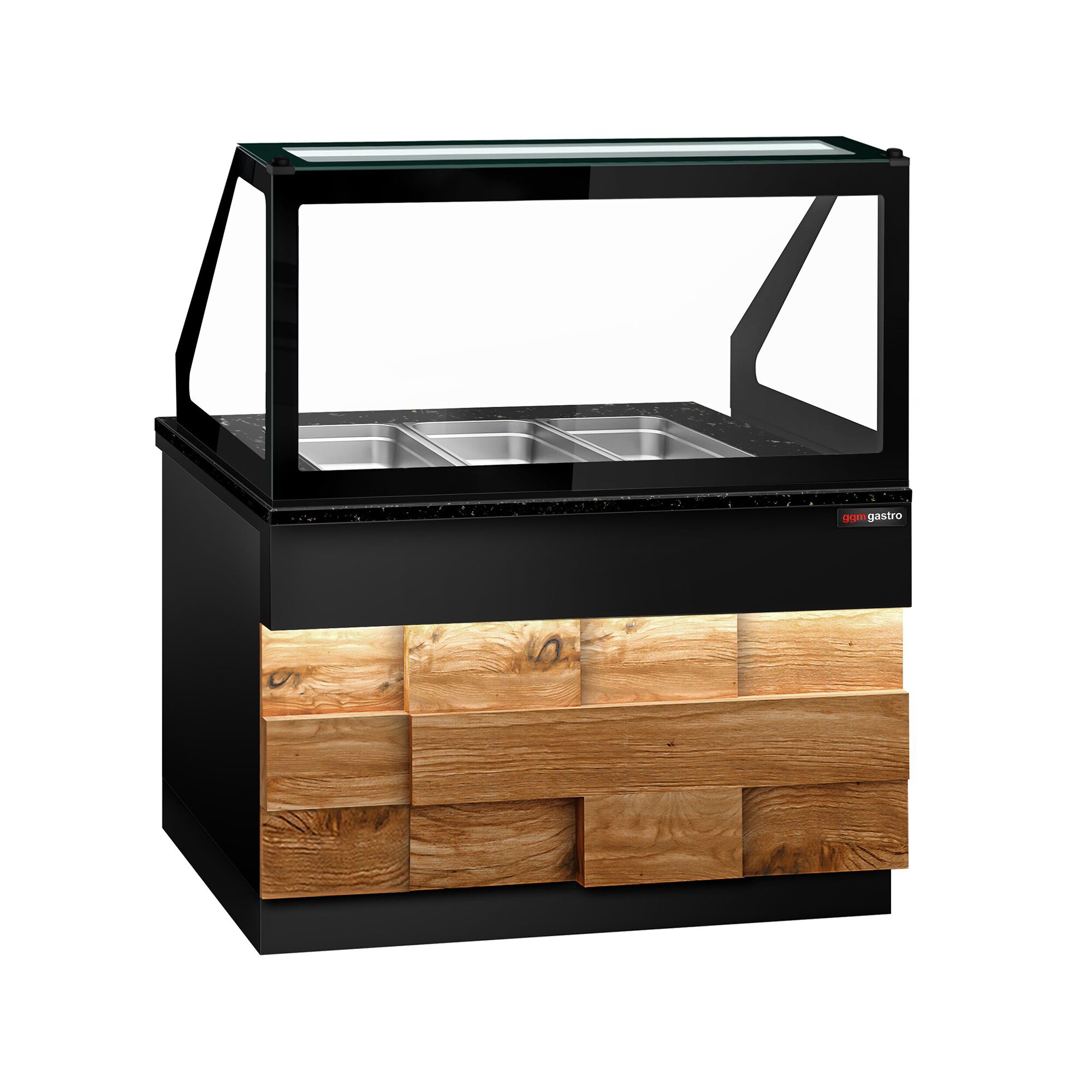 Saladette réfrigérée - 1250mm - façade décor bois naturel - 2 portes - avec vitrine de comptoir pour 3x GN 1/1 & 1 étagère - plan de travail en granit noir