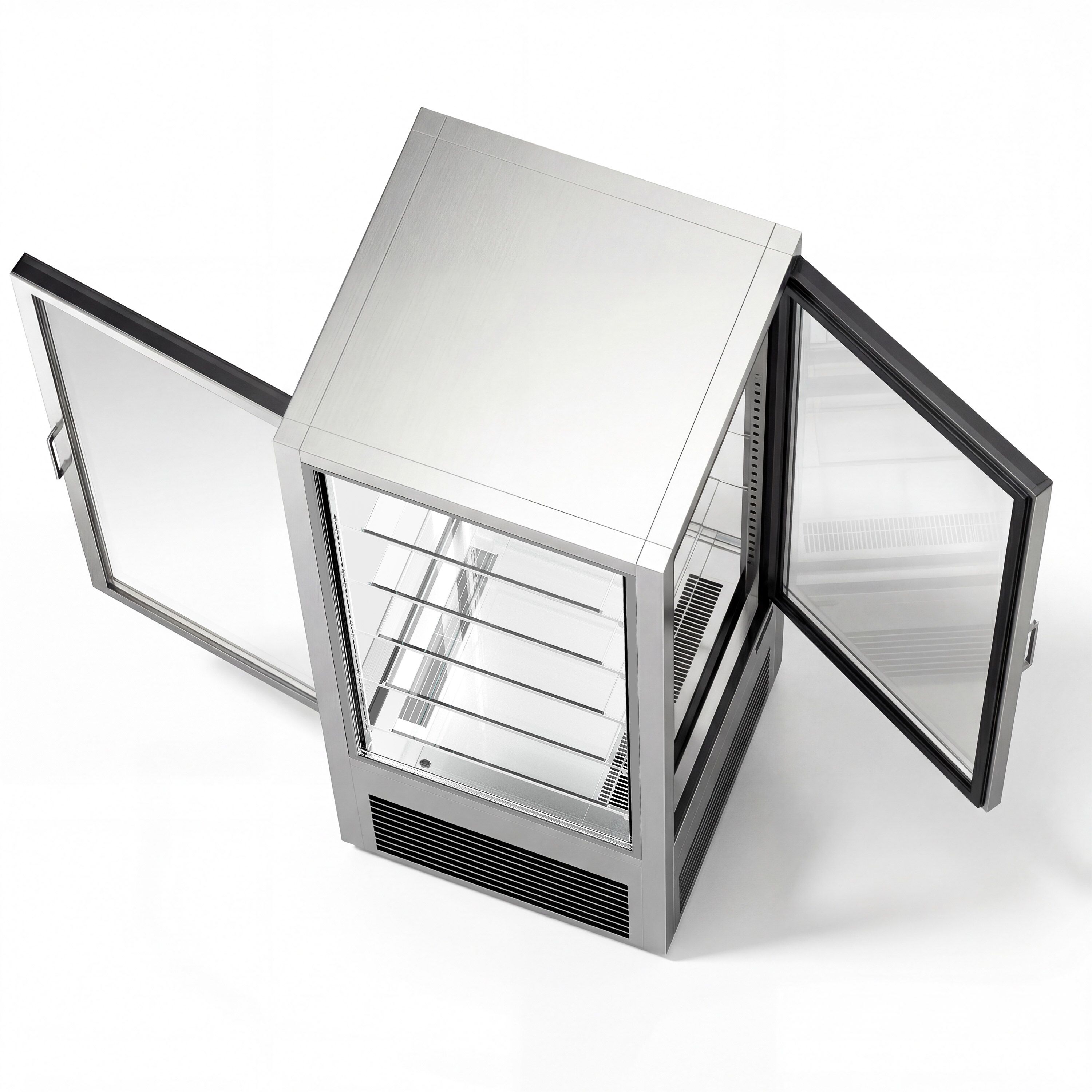 Vitrine réfrigérée 4 faces vitrées / Vitrine panoramique – 440 litres – 2 portes en verre – 5 étagères – Argent