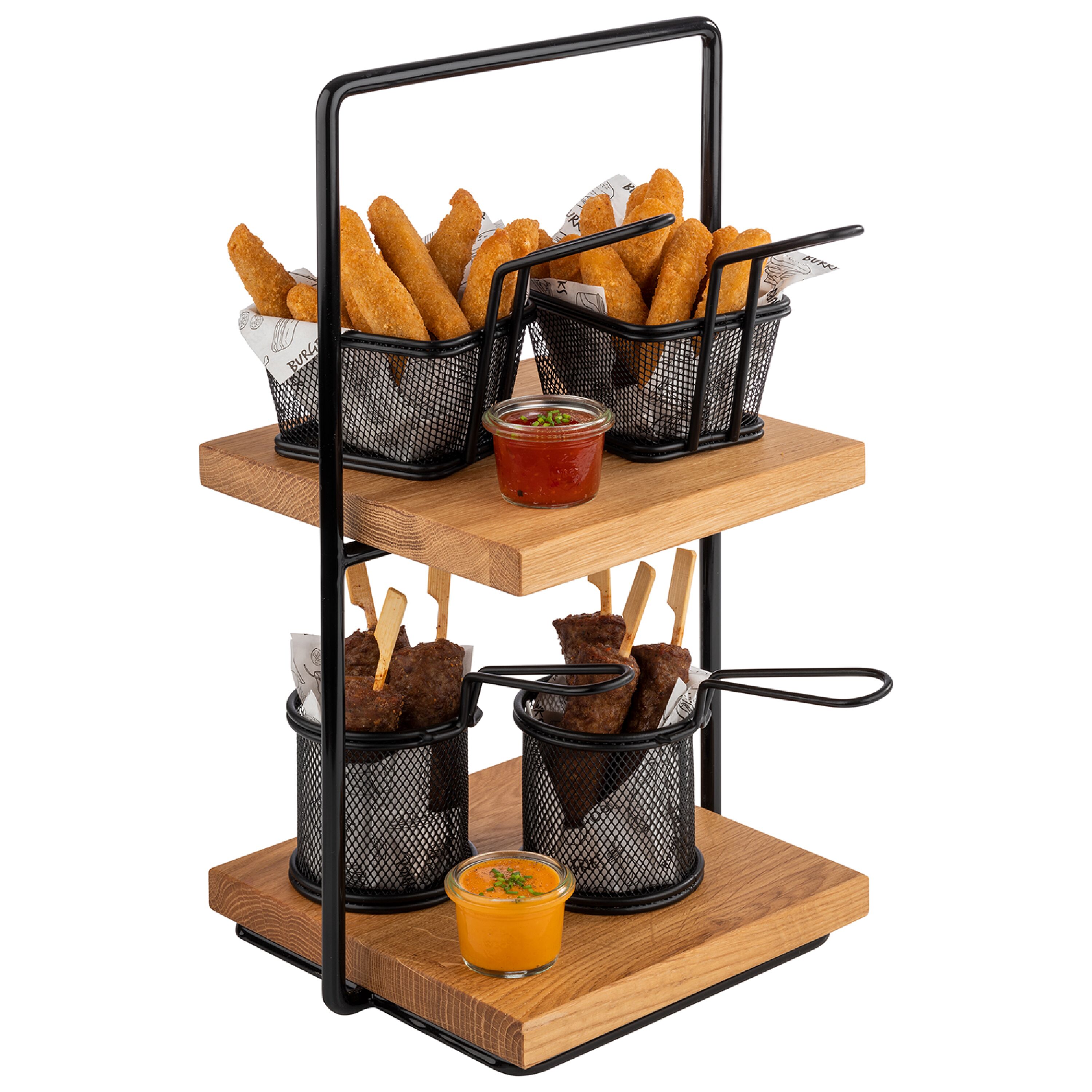 Présentoir buffet - 2 niveaux - PERFECTO SMALL - Rectangulaire - Structure en métal - Plateaux en chêne/bois