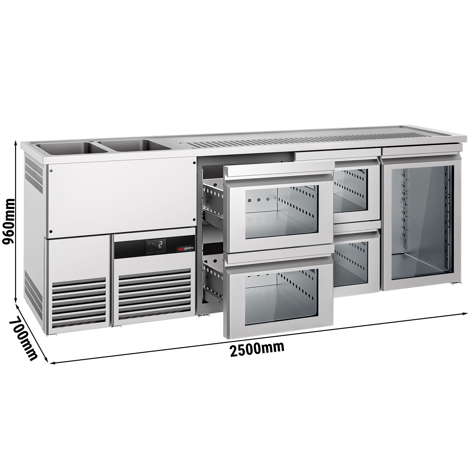 Comptoir de bar réfrigéré PREMIUM - 2500x700mm - 1 porte vitrée & 4 tiroirs en verre