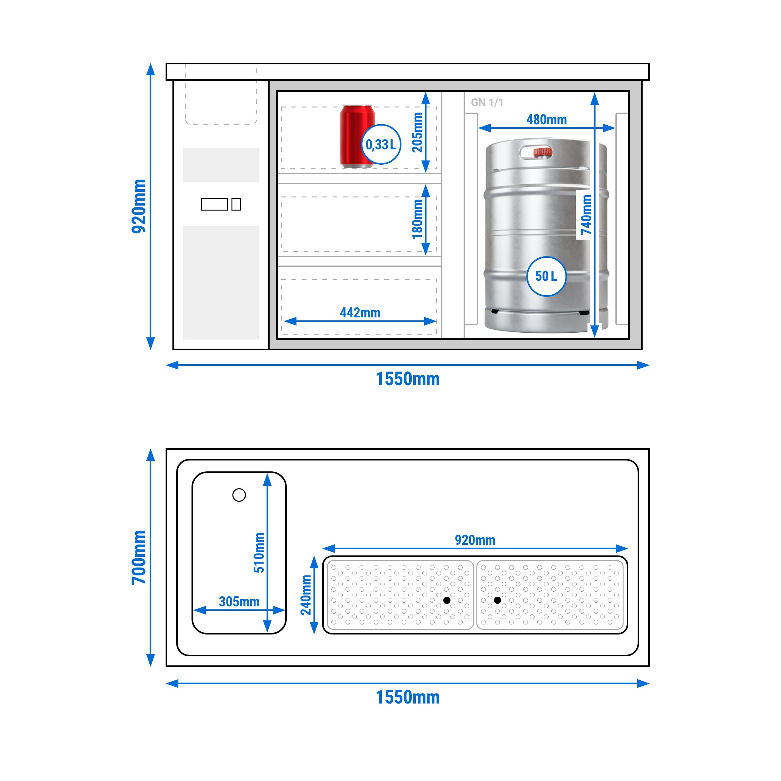 Direct Draw Beer Dispenser / Kegerator PREMIUM PLUS - 1550x700mm - 1 Glass Door & 3 Drawers
