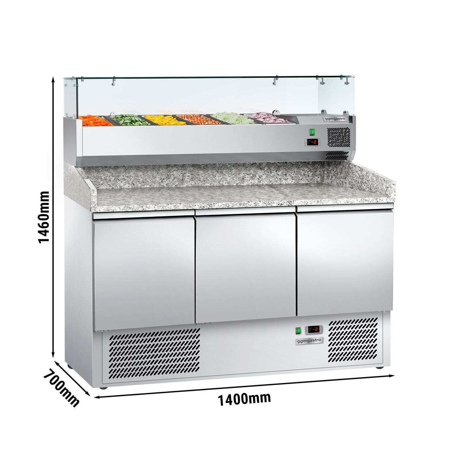 Table réfrigérée pour pizza ECO - 1400 x 700 mm - avec 3 portes - incl. vitrine réfrigérée - 6 x GN 1/4