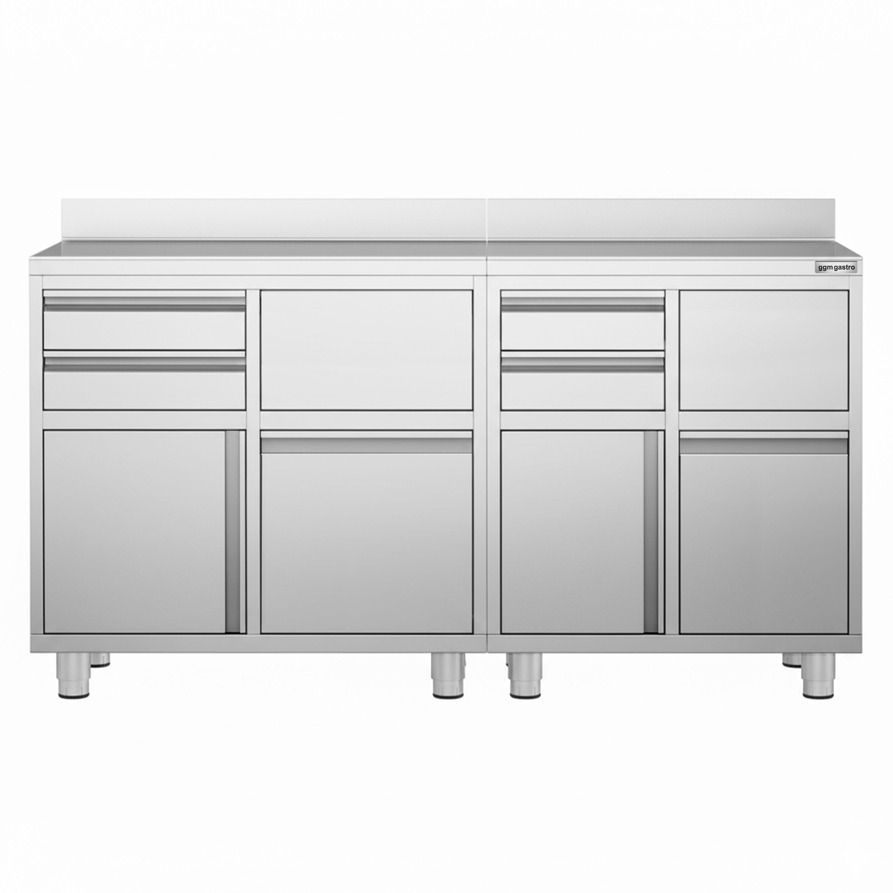Armoire de travail PREMIUM pour machine à café filtre - 1400x600mm - avec dosseret - 4 tiroirs, 2 portes battantes, 2 tiroirs à marc de café