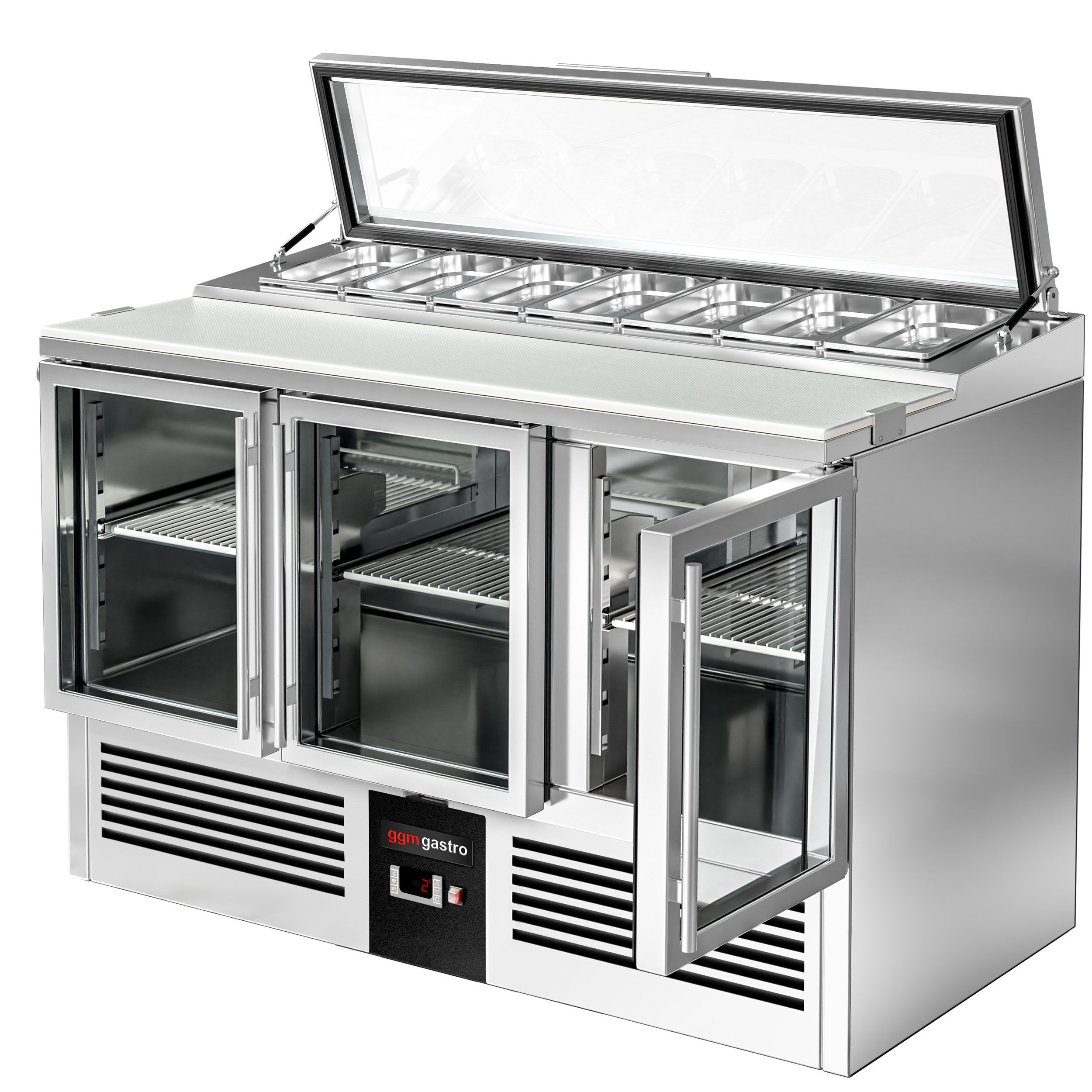 Saladette réfrigérée PREMIUM - 1365mm - 248L - 3 portes vitrées - pour 7x GN 1/3 & Couvercle verre