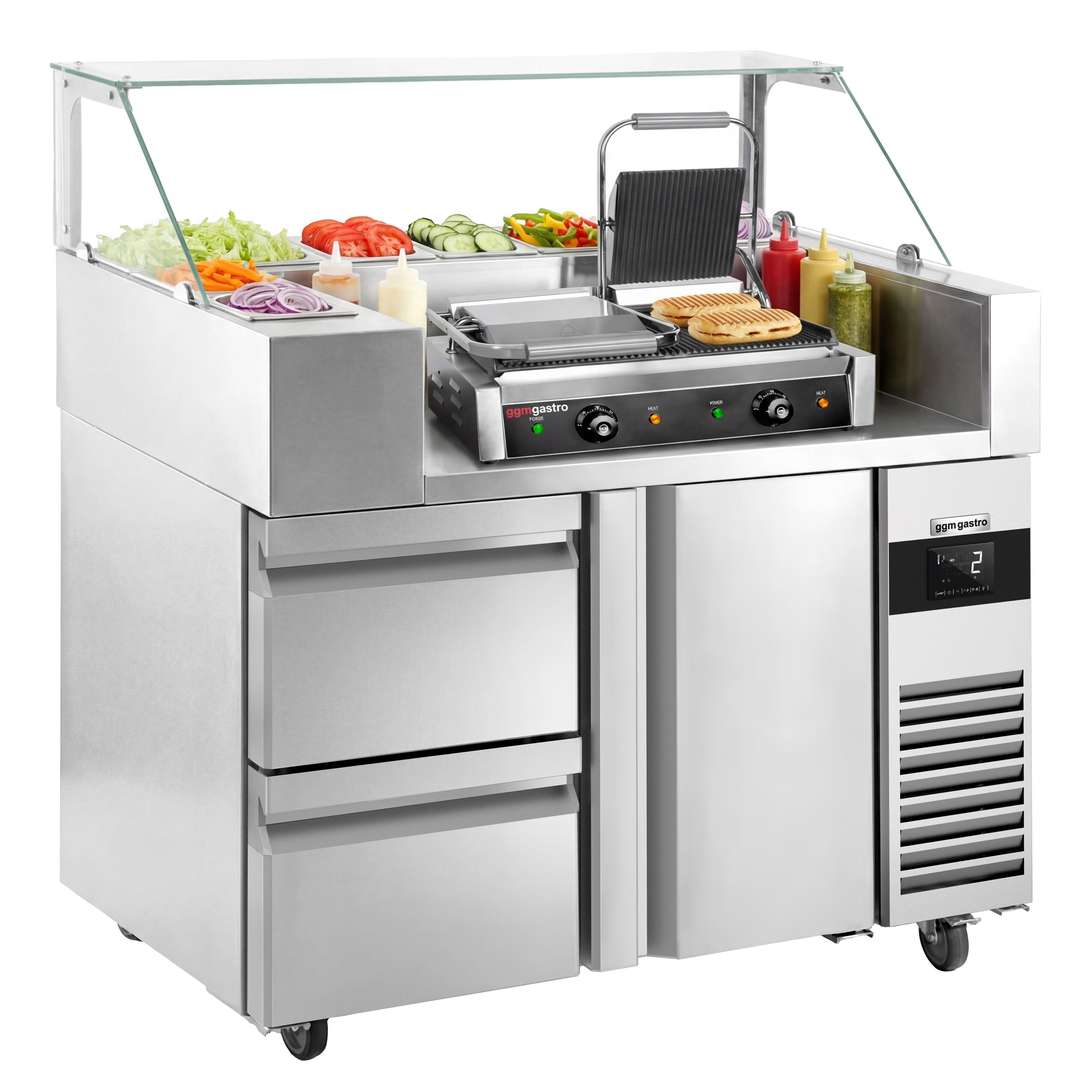 Table de préparation – 1210 mm – 2 portes – pour 9 bacs GN 1/6 – incl. grill de contact