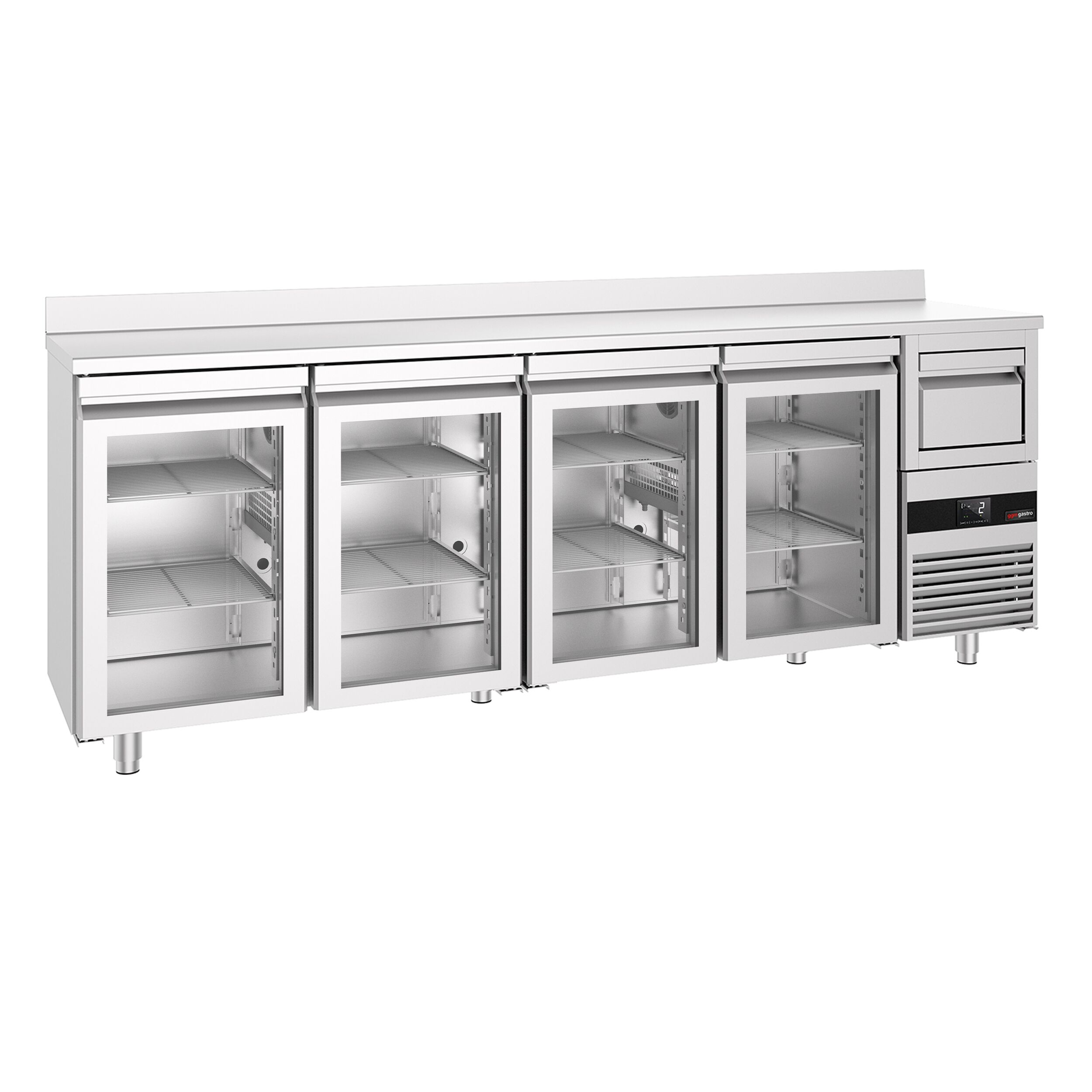 Commercial Back Bar Bottle Cooler PREMIUM - 2690x600mm - 710L - with 4 Hinged Glass Doors, upstand & knock box for coffee
