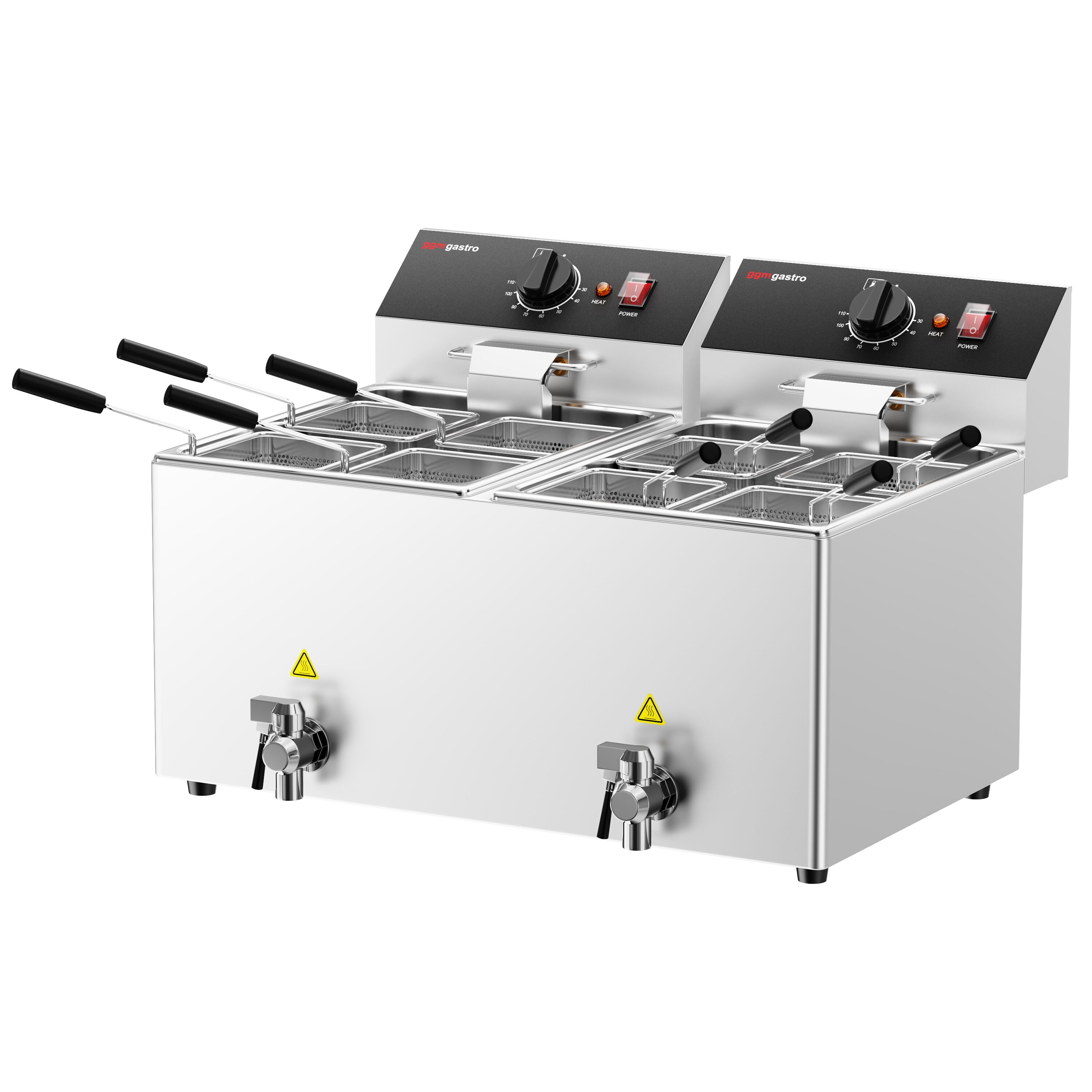 Cuiseur à pâtes électrique – 8 + 8 L – 6,5 kW – avec robinet de vidange – incl. 8 paniers