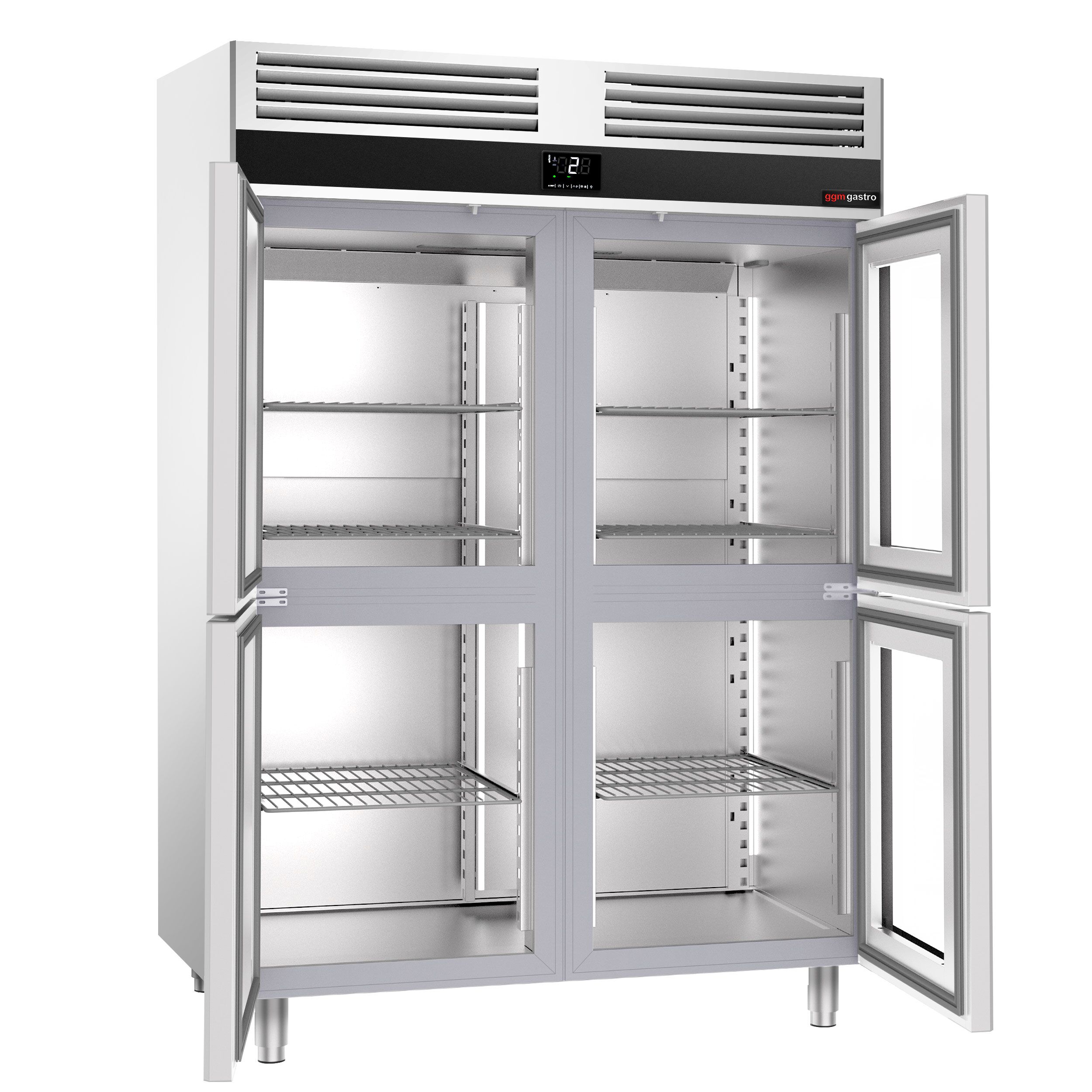 Armoire réfrigérée vitrée positive en acier inoxydable PREMIUM - GN 2/1 - 1400 L - avec 4 demi-portes vitrées