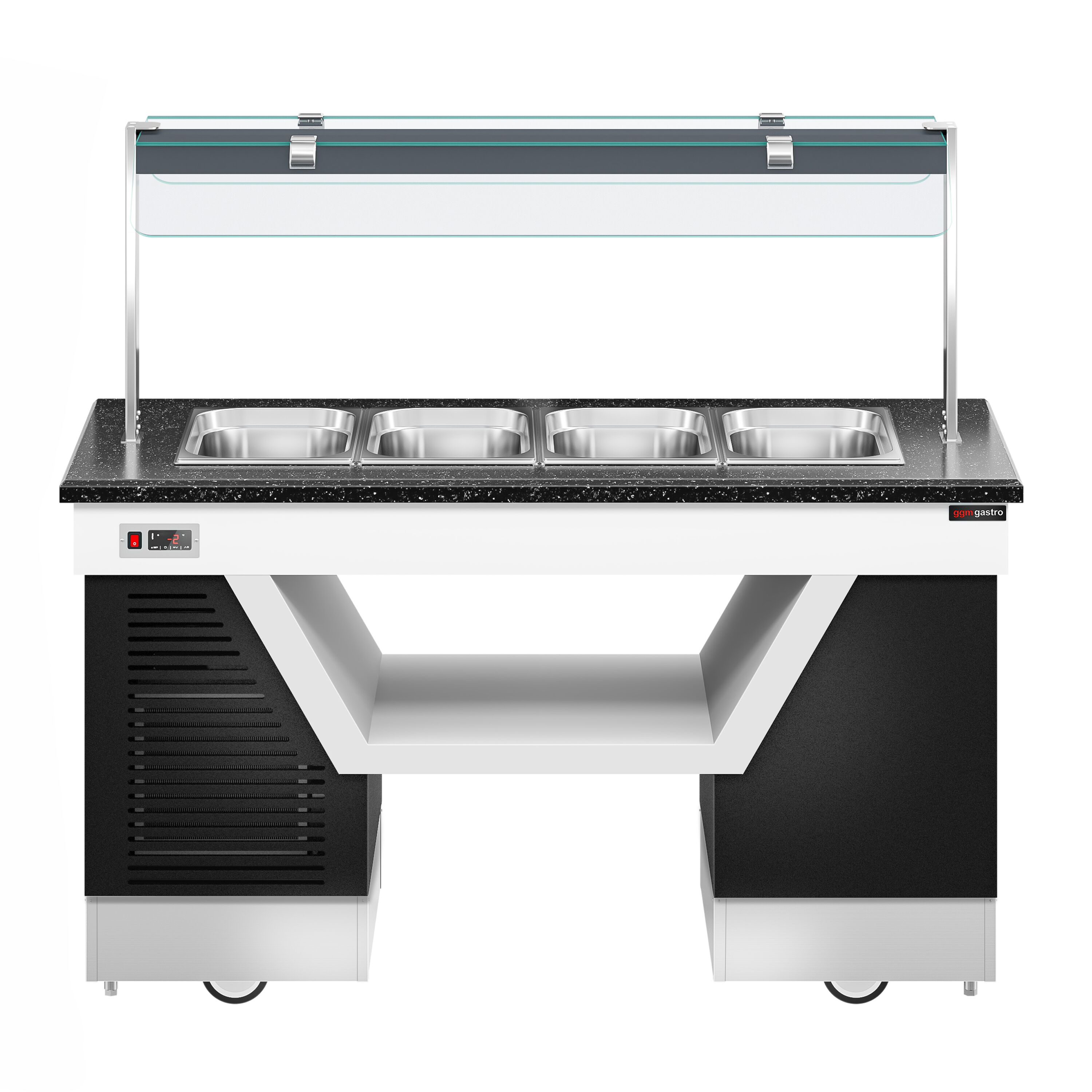 Refrigerated Buffet Display BELFAST - 1600mm - with Refrigerated Well + Flat Glass Sneeze Guard - on Castors - for 4x GN 1/1 - Black