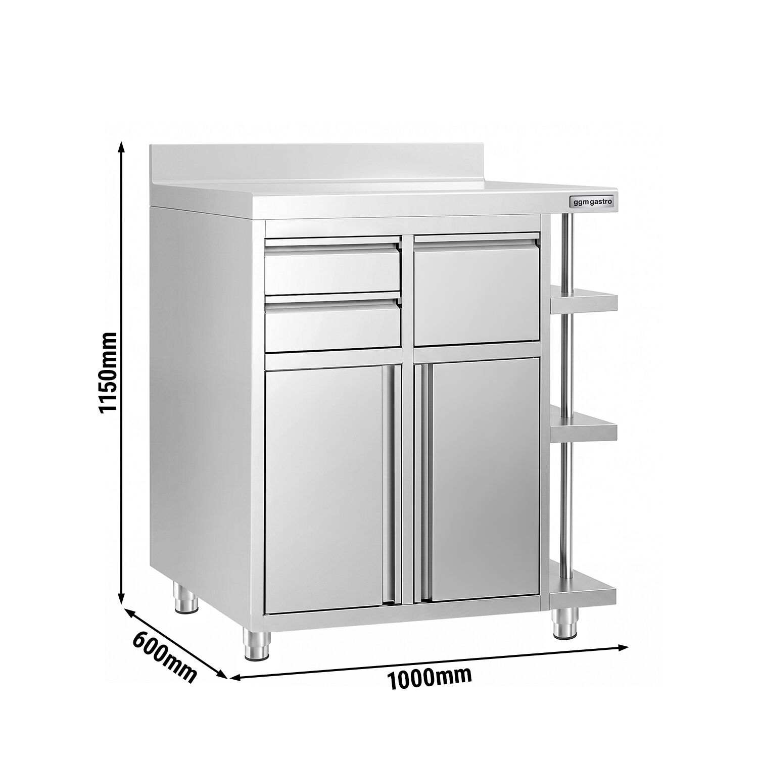 Arbetsskåp – för kaffebryggare – 1000 x 600 mm – med 2 pendeldörrar, 2 lådor, avklappningsanordning, 3 hyllor och upphöjd kant