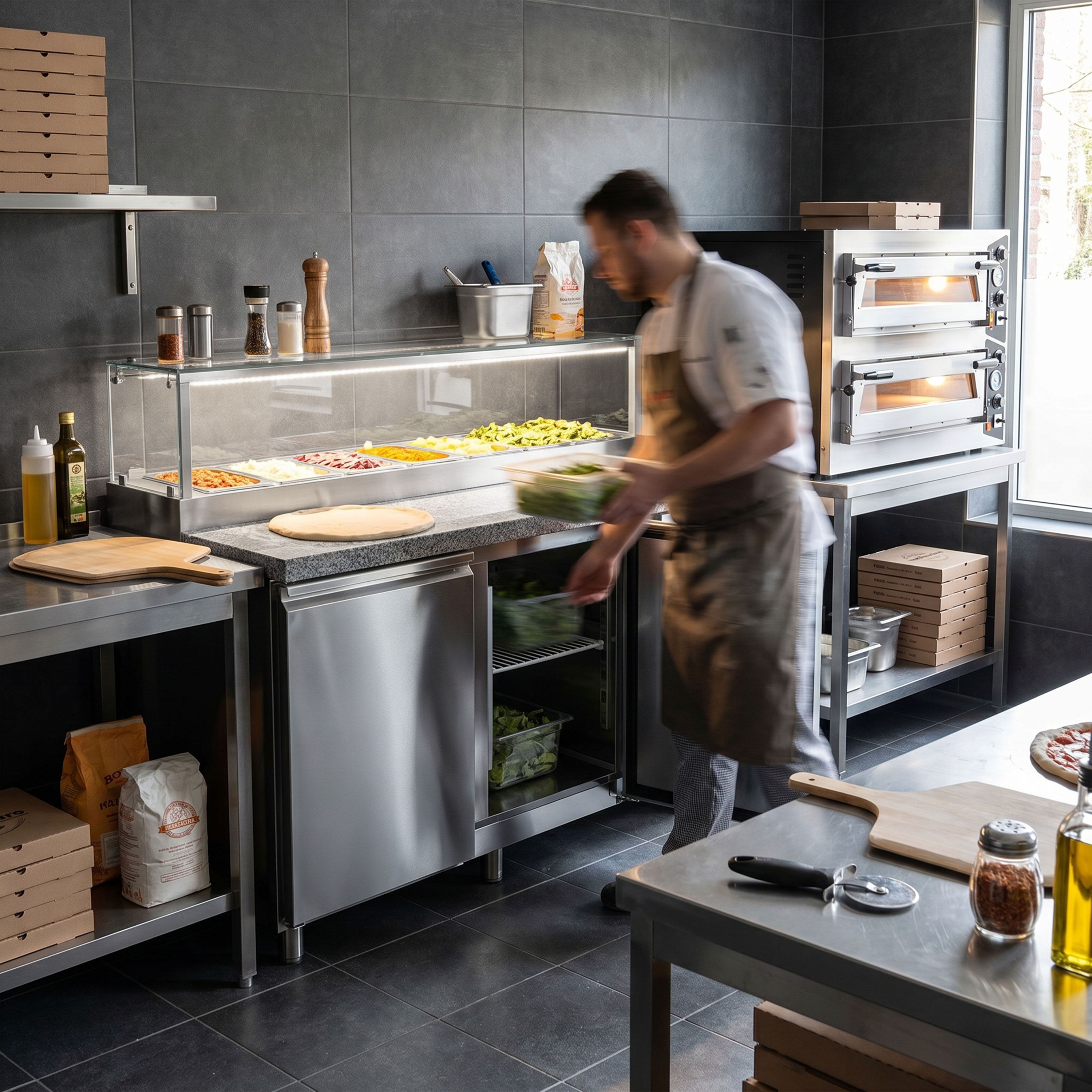 Saladette PREMIUM - 1510mm - 2 deuren - met glazen opzetvitrine voor 7x GN 1/3 - granieten werkblad