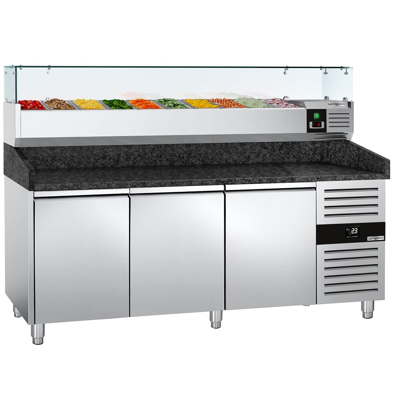Table réfrigérée à pizza PREMIUM - 2000 x 800 mm - avec 3 portes - incl. vitrine réfrigérée - 9 x GN 1/3