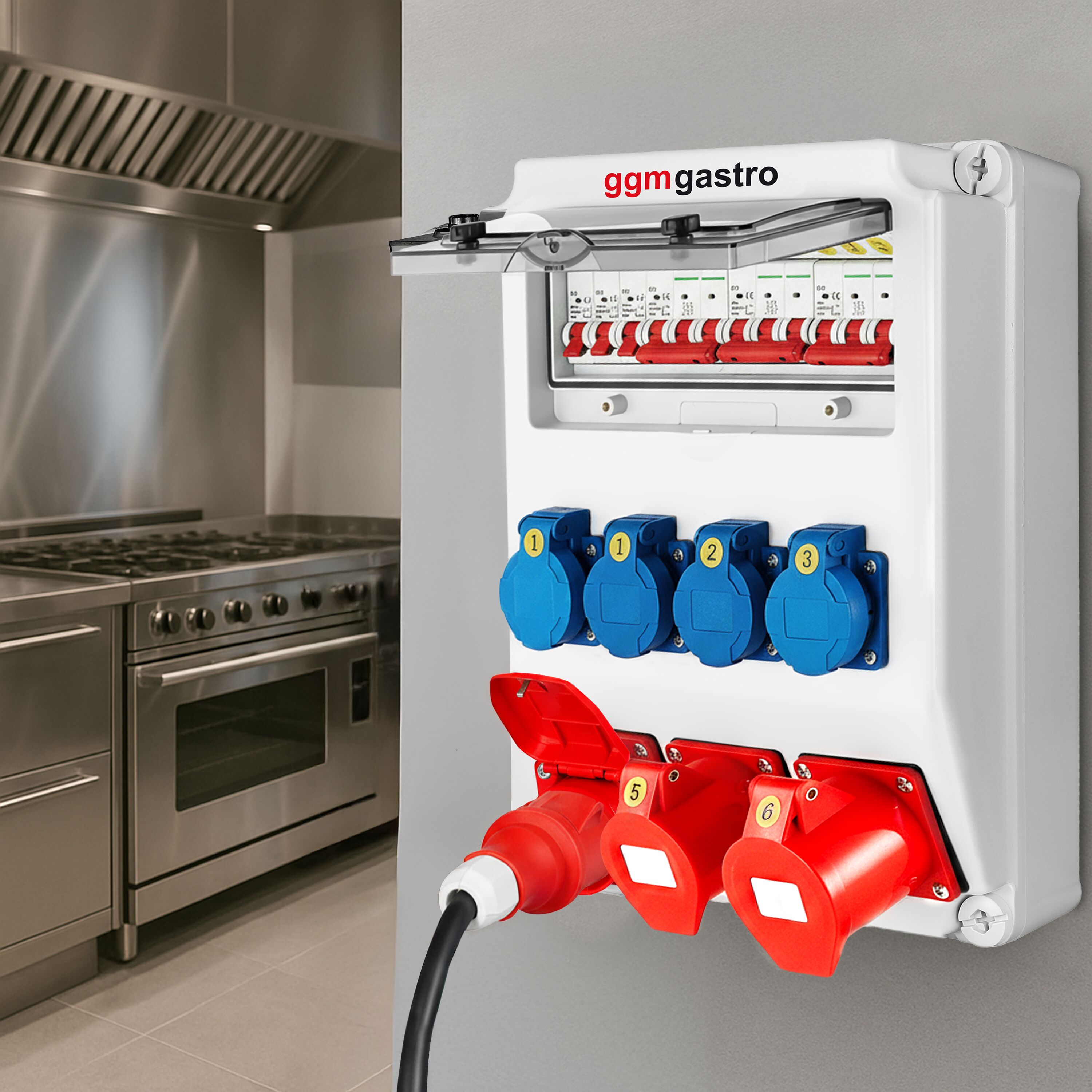 Fördelningsskåp - 4x Schuko 230 V, 2x CEE 16 A 400 V (5-pol) & 1x CEE 32 A 400 V (5-pol) uttag