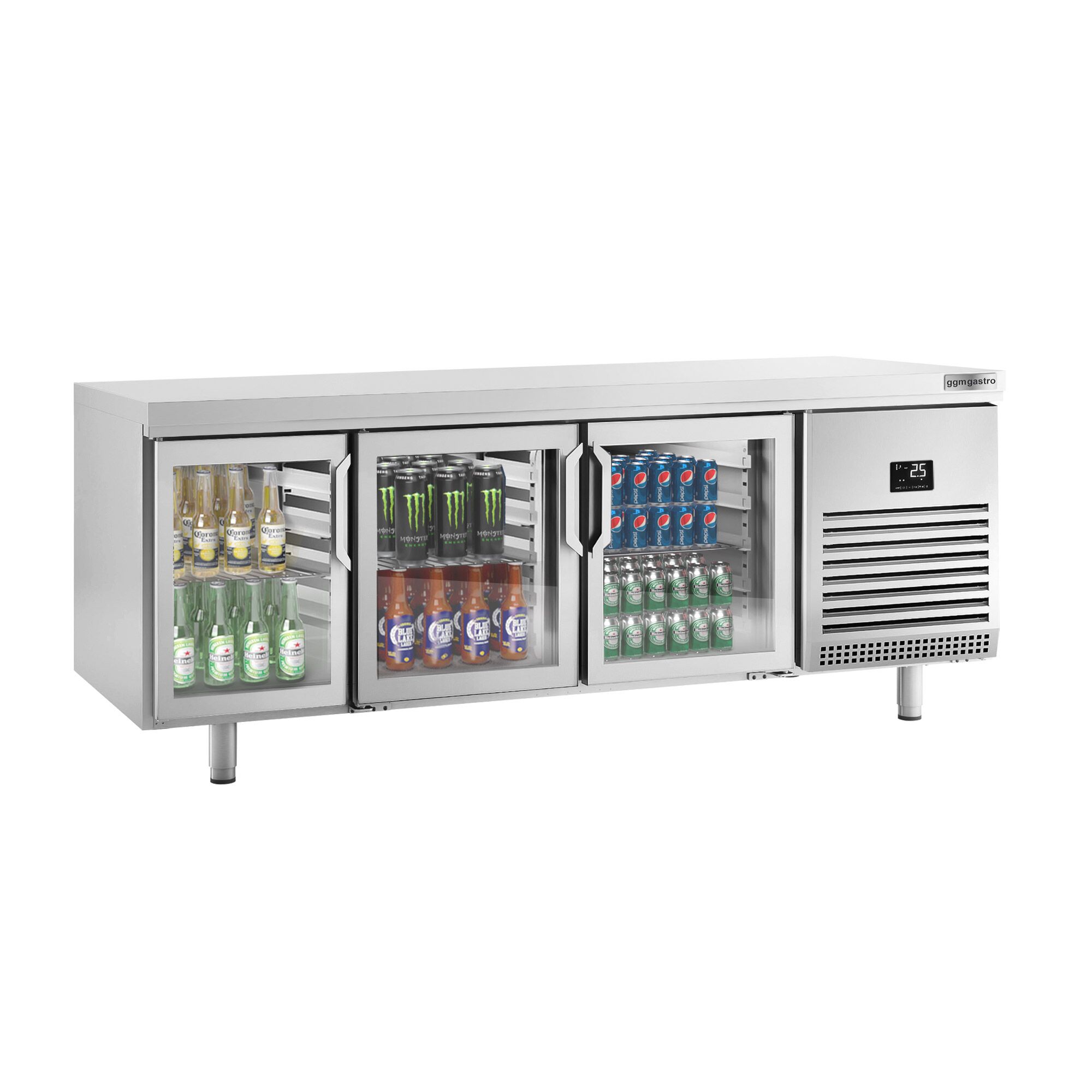 Commercial Back Bar Bottle Cooler PREMIUM PLUS - Bakery - 2185x800mm - 610L - with 6 Hinged Glass Doors, LED lighting, locks, fan-assisted cooling, auto defrost - Stainless Steel