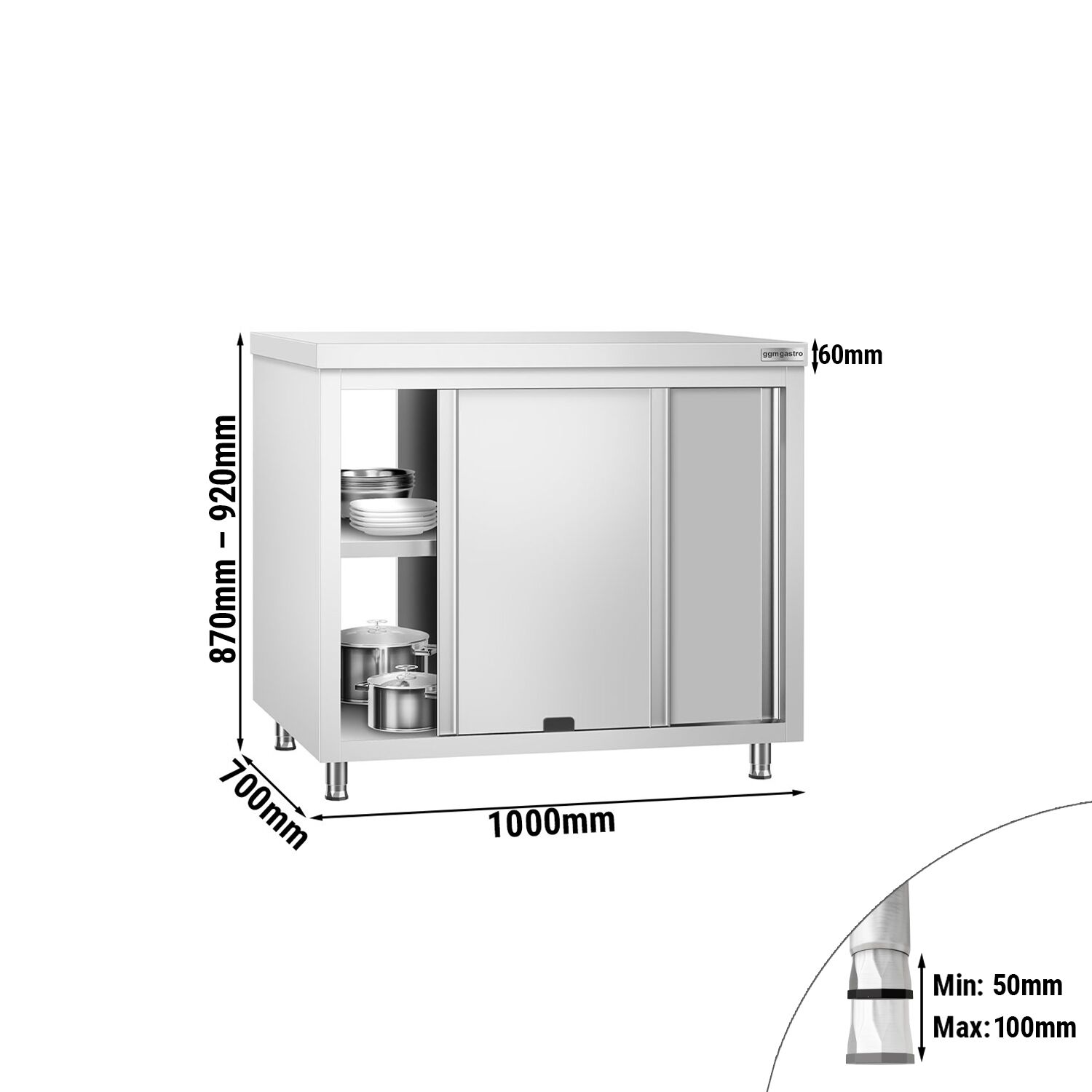 Table armoire en acier inoxydable PREMIUM - 1000x700mm - avec portes coulissantes et passe-plats