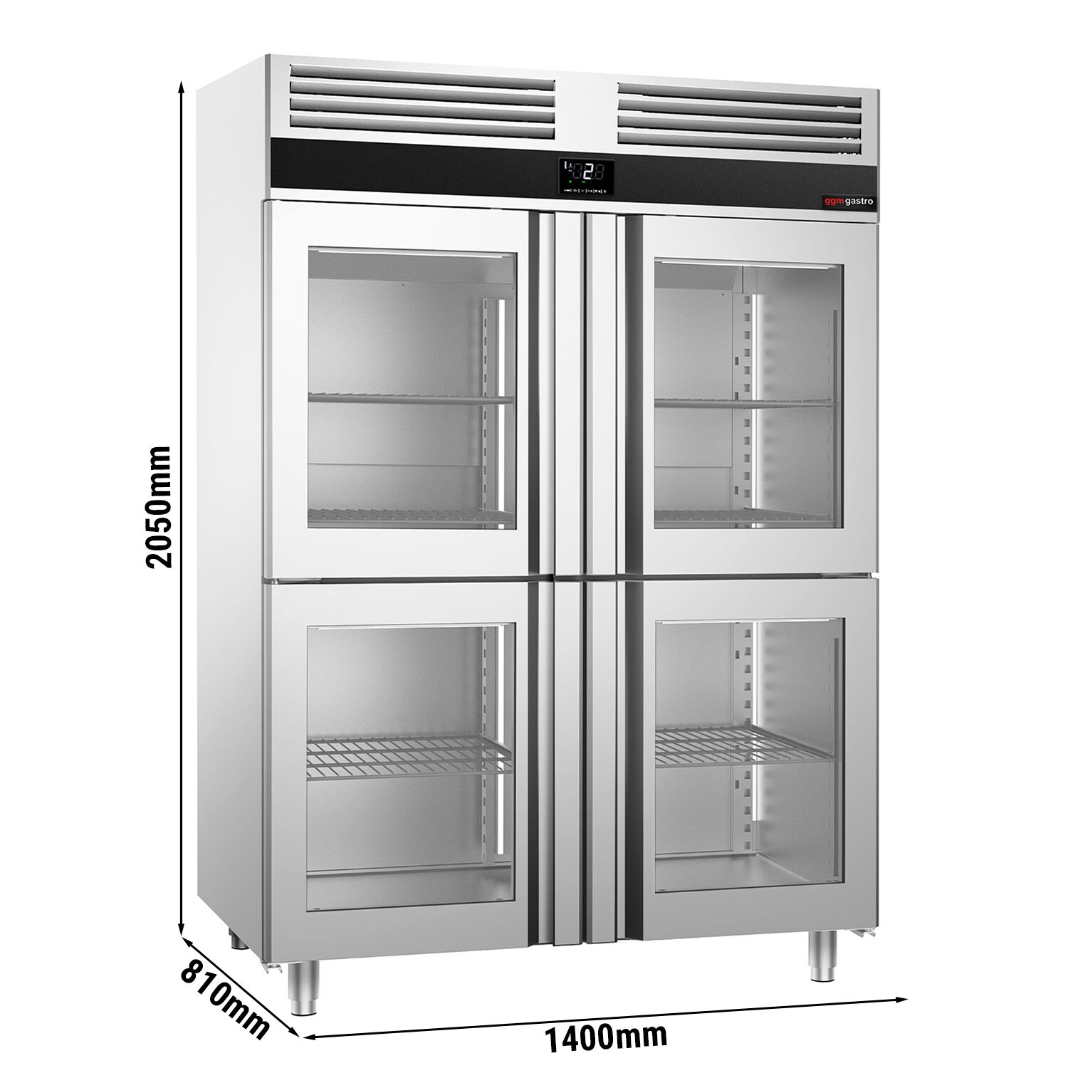 Armoire réfrigérée vitrée positive en acier inoxydable PREMIUM - GN 2/1 - 1400 L - avec 4 demi-portes vitrées