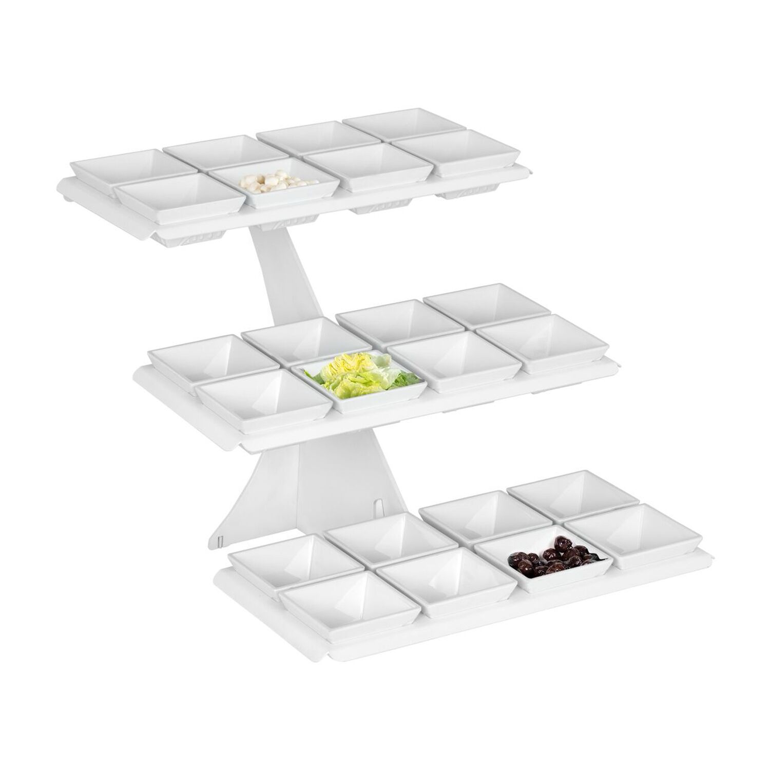 Présentoir buffet / étagère - blanc - incl. 24 bols en mélamine - rectangulaires