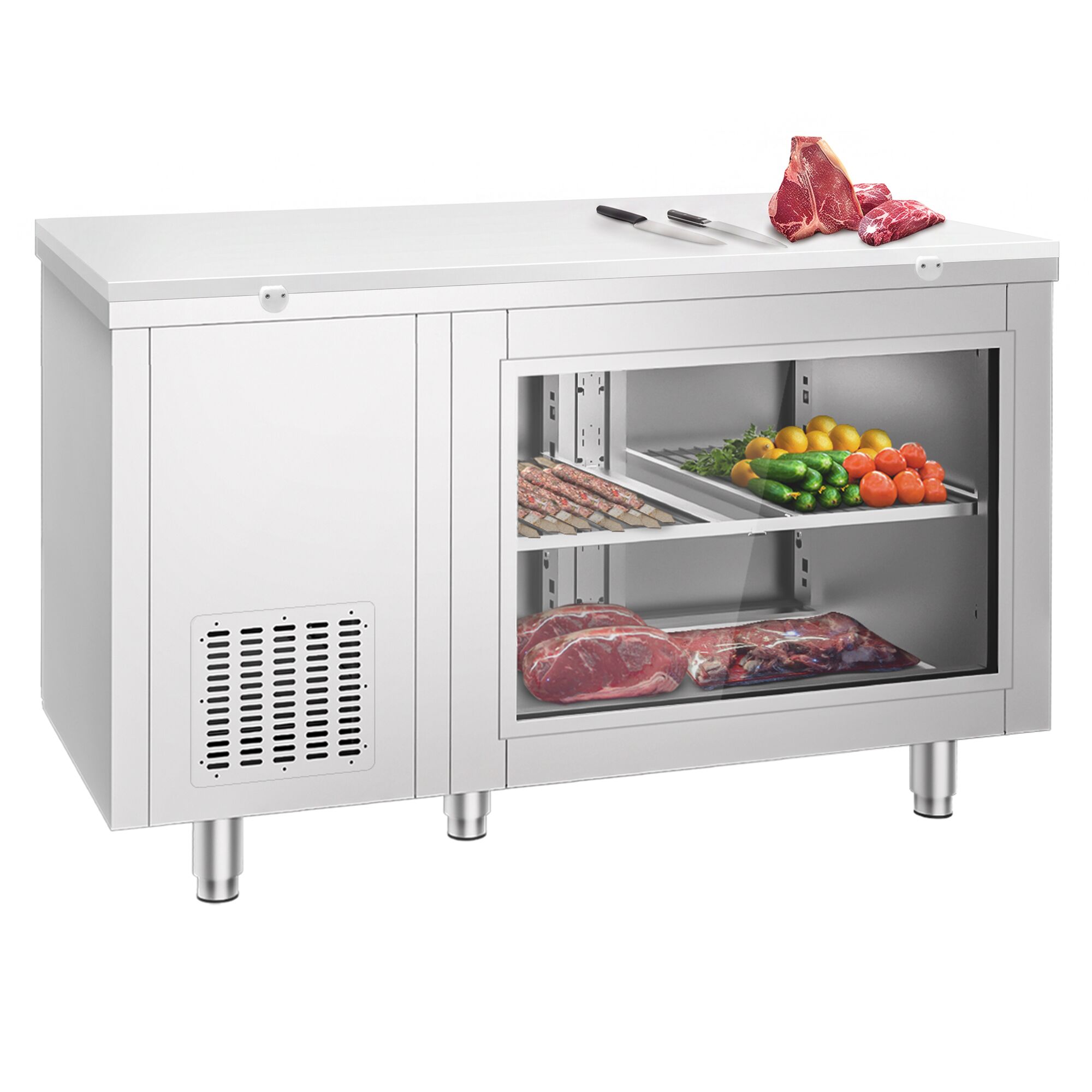 Refrigerated Counter – 1400 × 700 mm – Rear Side with 2 Doors – Glass Front – incl. White Cutting Board