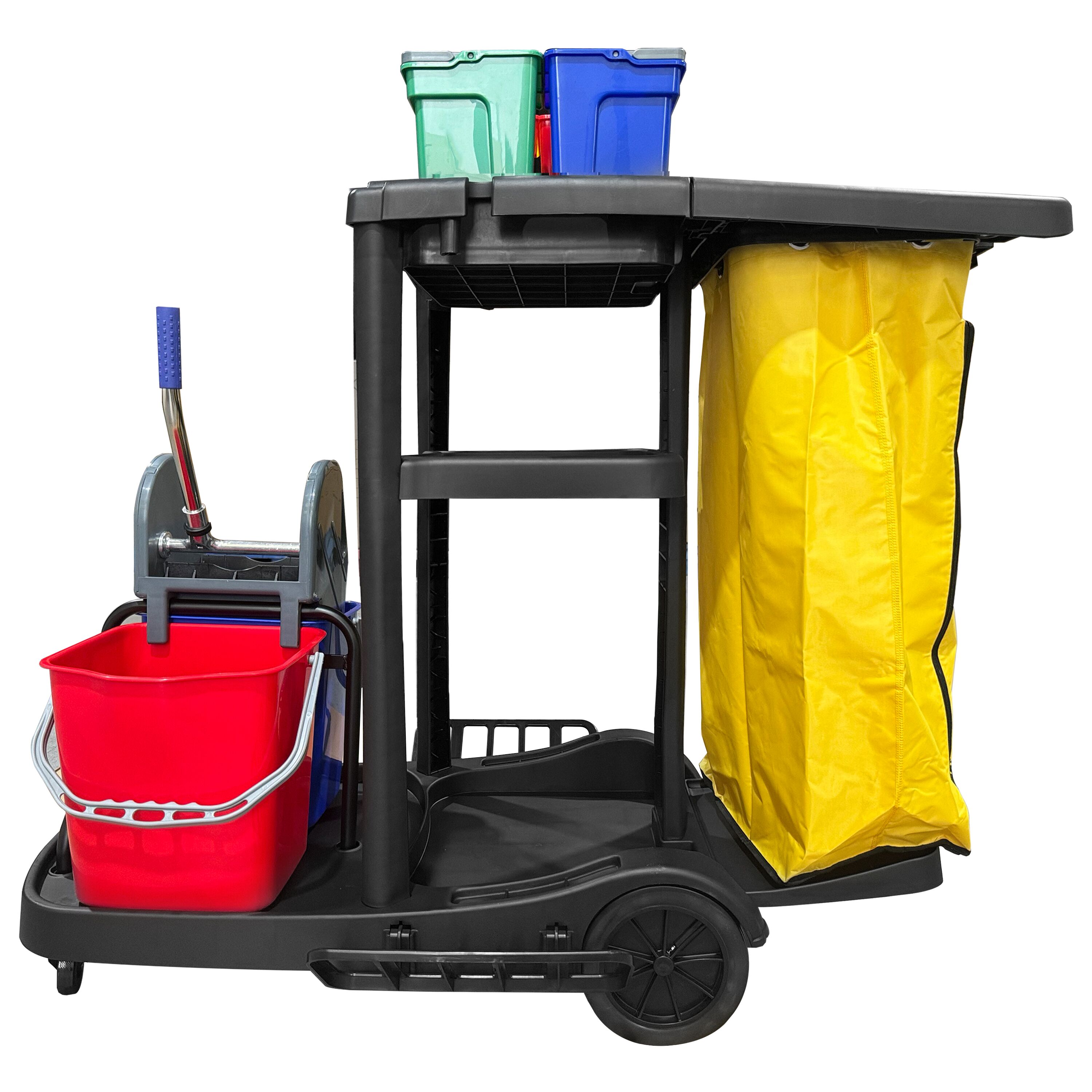 Chariot de nettoyage - avec 6 seaux, presse à mop & sac à linge - Noir