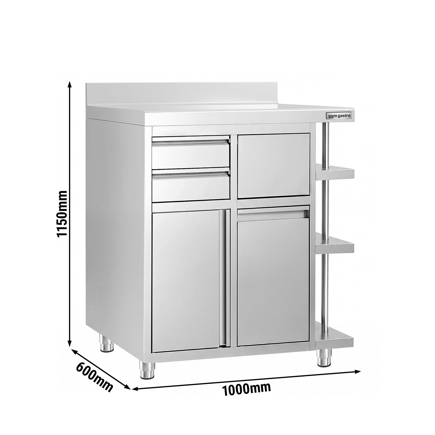 Arbetsskåp – för kaffebryggare – 1000 x 600 mm – med 1 svängdörr, 2 lådor, papperskorg, 3 hyllor och upphöjd kant