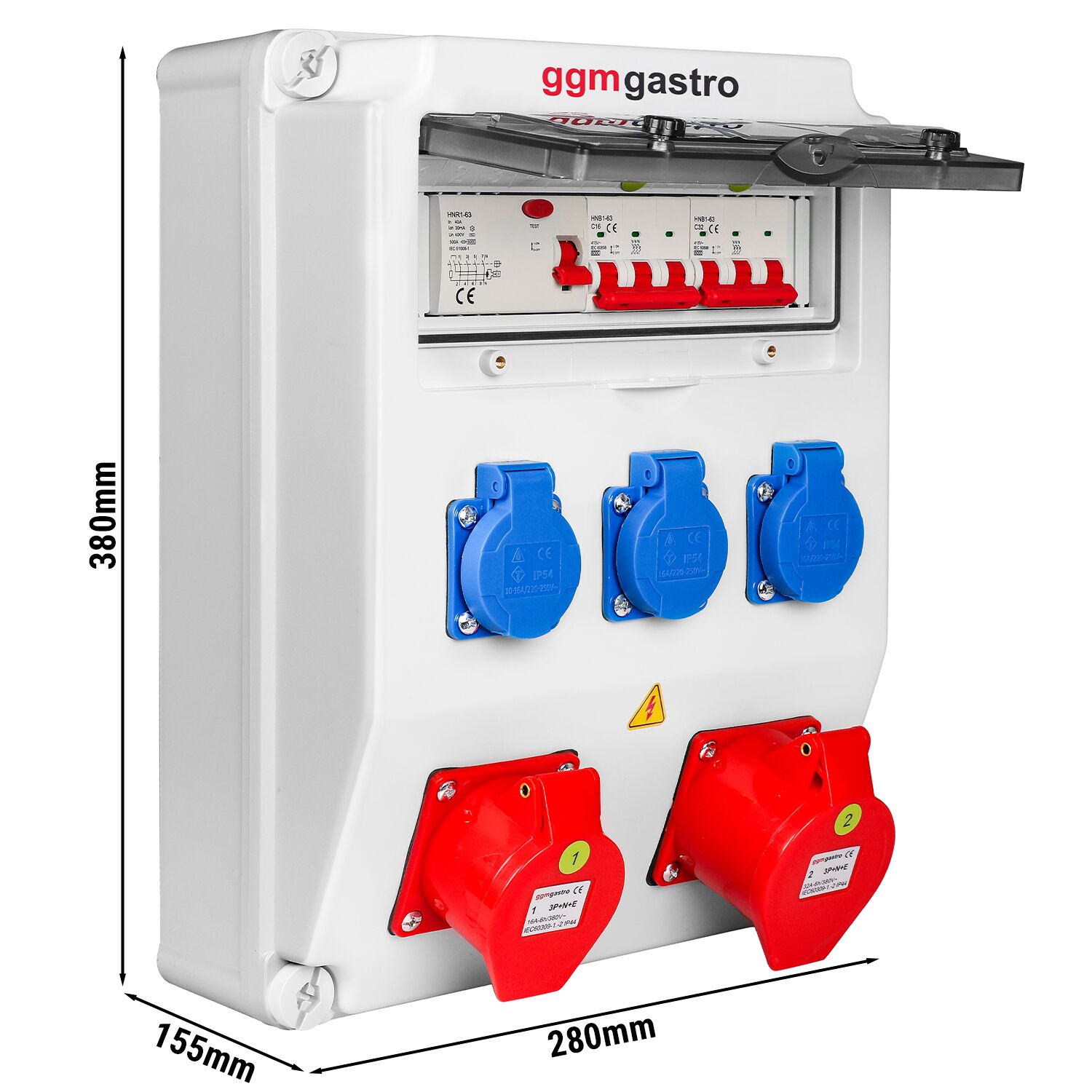 Coffret de chantier électrique - 3x 2P+T 16A 230V, 1x CEE 16A 400V 5P (rouge) & 1x CEE 32A 400V 5P (rouge) prises - Triphasé 400V - IP54 - avec interrupteur différentiel 30 mA intégré