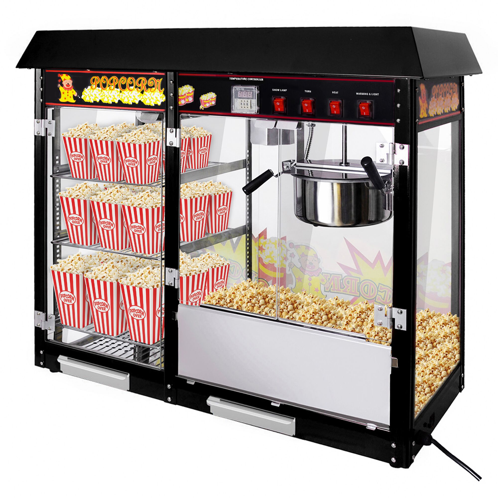 Machine à pop-corn professionnelle - 1,70kW - 5kg/h - avec 1 marmite(s) + 3 étagères chauffantes - Noir