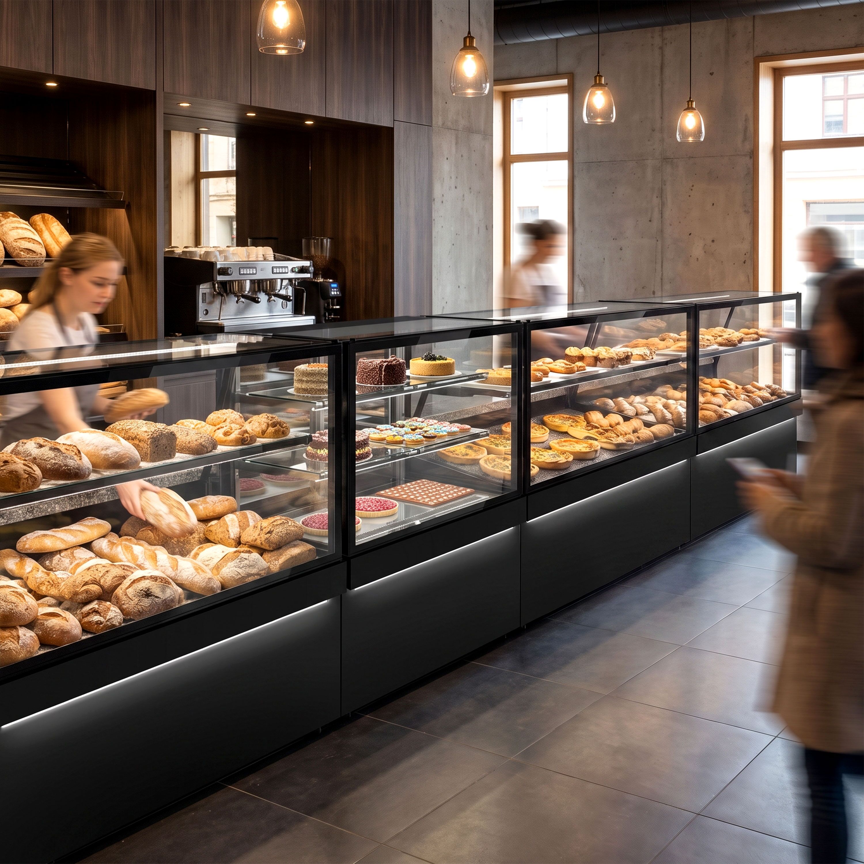 Süteményes pult TORONTO - 1300x800 mm - dupla üvegezés - 2 polccal - fekete - fekete gránit munkalap