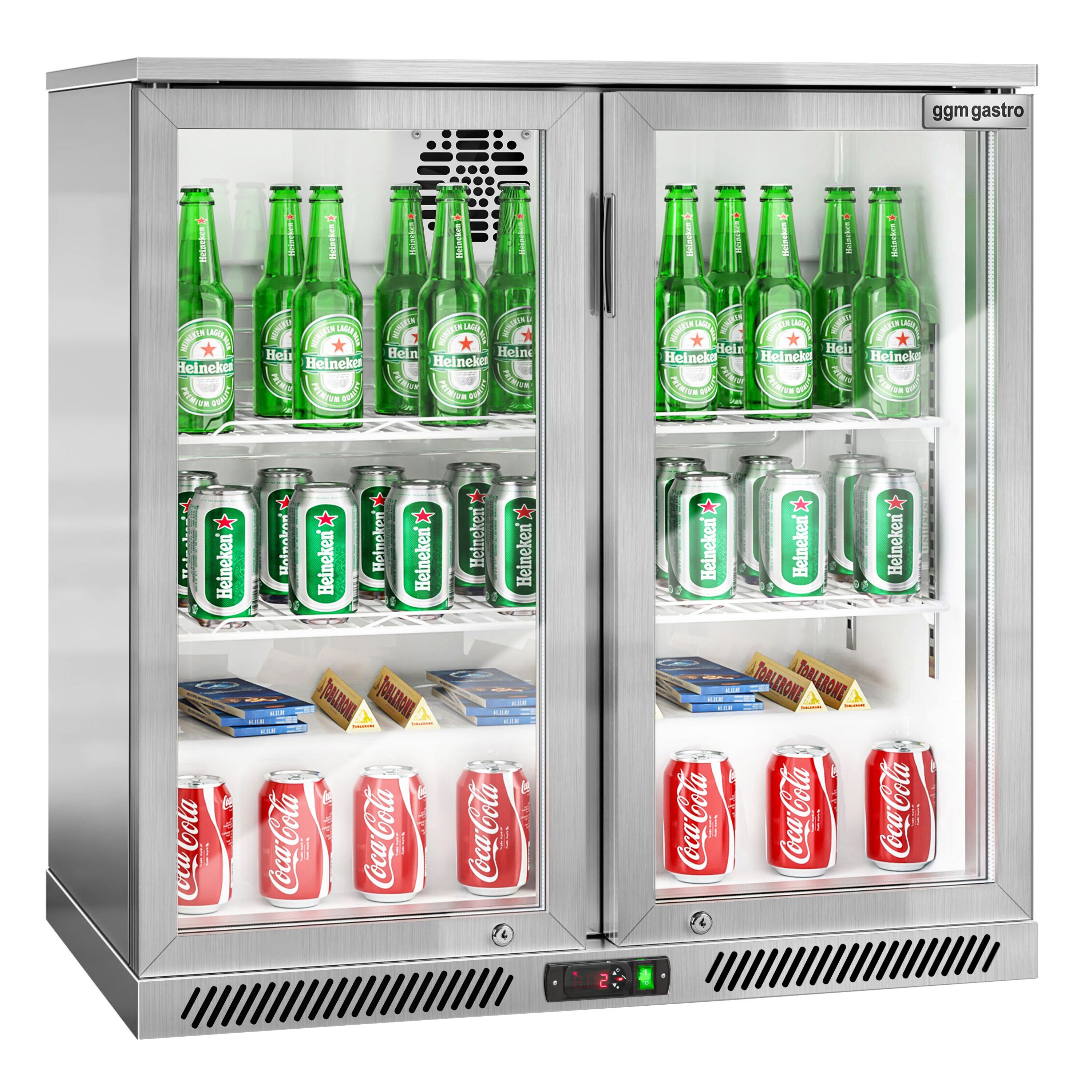 Réfrigérateur de bar – 900 mm – 220 litres – avec 2 portes vitrées battantes – en inox