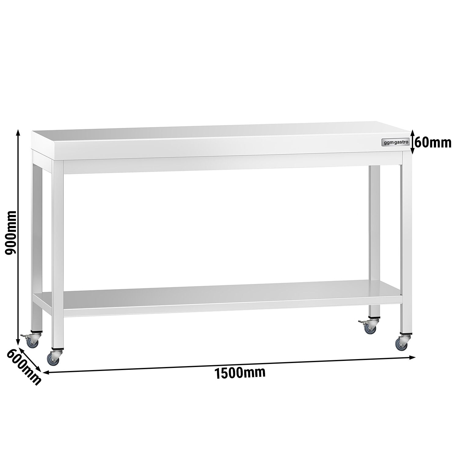 Table de travail en inox PREMIUM - 1500 x 600 mm - avec tablette inférieure et roulettes